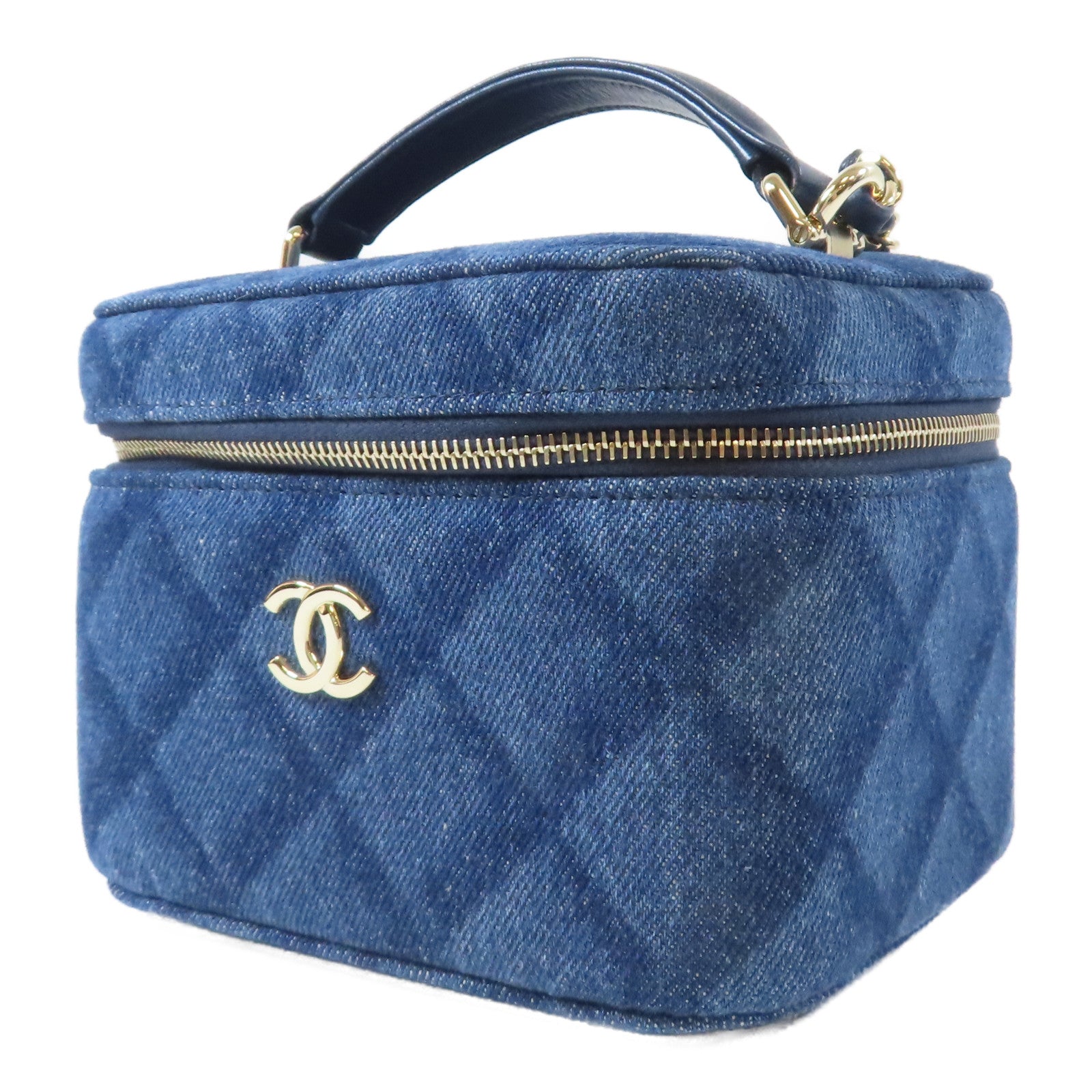 CHANEL 【激減優惠】菱格牛仔布Vanity Case金扣鏈帶手挽肩背兩用袋藍色