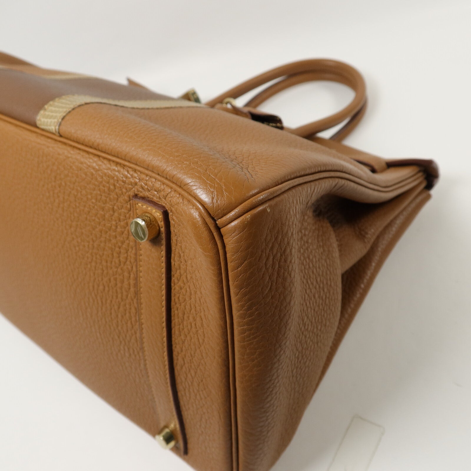 HERMES Clemence皮革/Lizard皮革Birkin 35手挽袋Gold/Marron