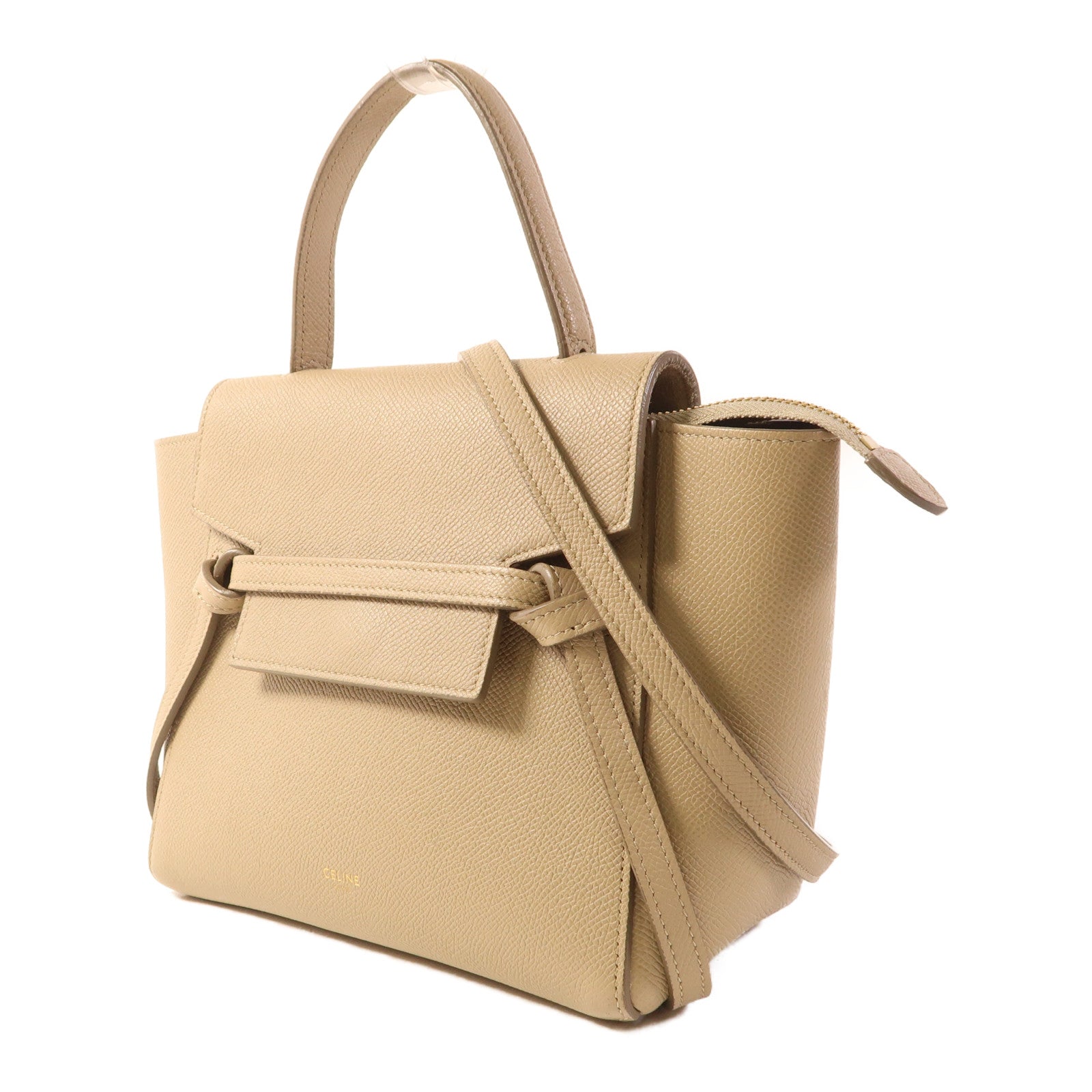 CELINE GHW Nano Belt Bag 2 Way Shoulder Bag Handbag Calfskin Leather Beige