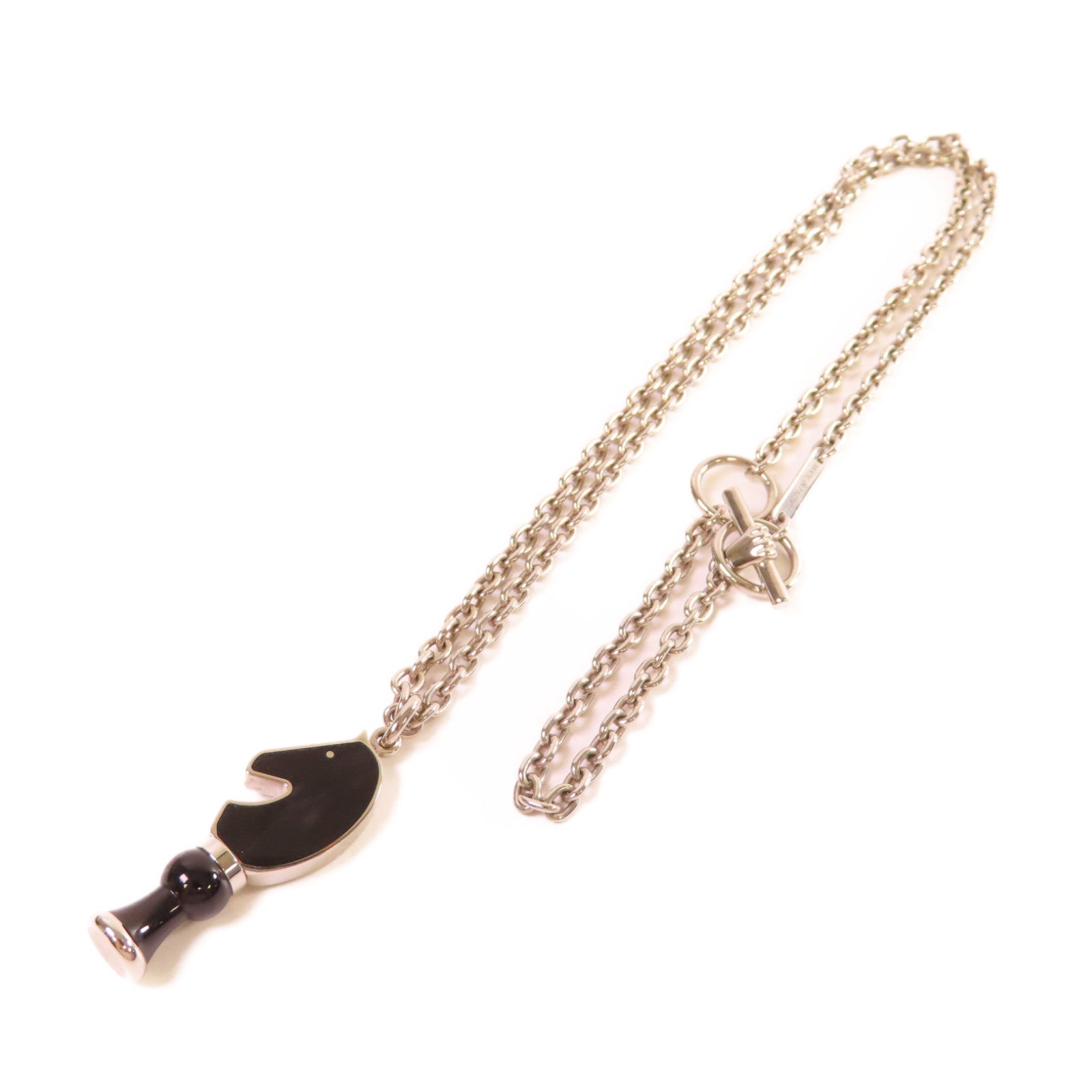 HERMES 金屬/琺瑯Cavalier Necklace銀扣項鏈黑色/銀色