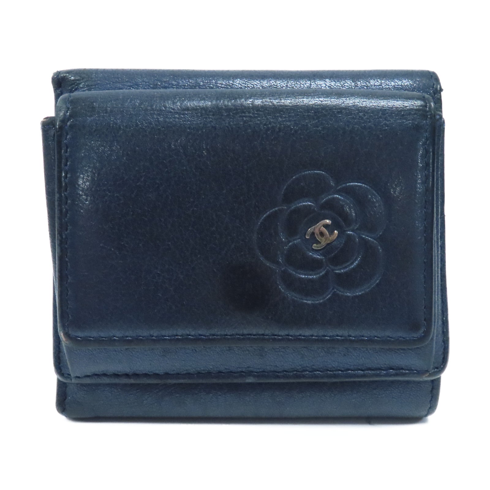 CHANEL 【激減優惠】牛皮皮革Camellia Wallet銀扣折疊錢包藍色