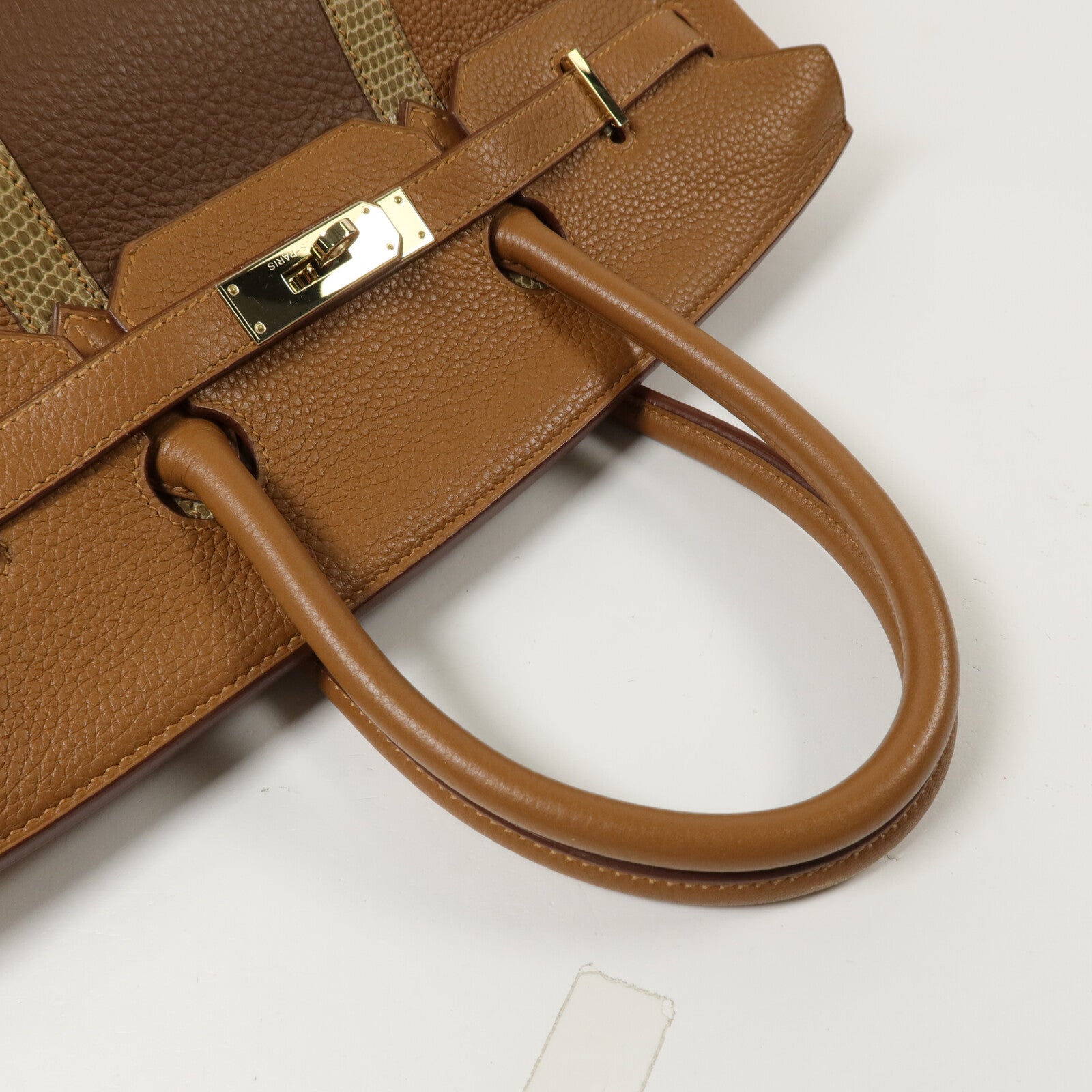 HERMES Clemence皮革/Lizard皮革Birkin 35手挽袋Gold/Marron