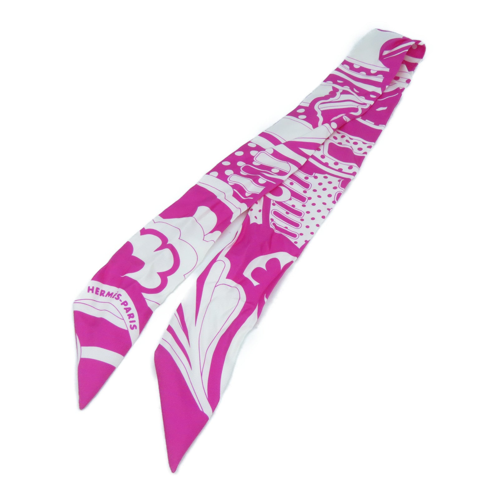 HERMES 【激減優惠】絲質Twilly Scarf絲巾桃紅色/白色