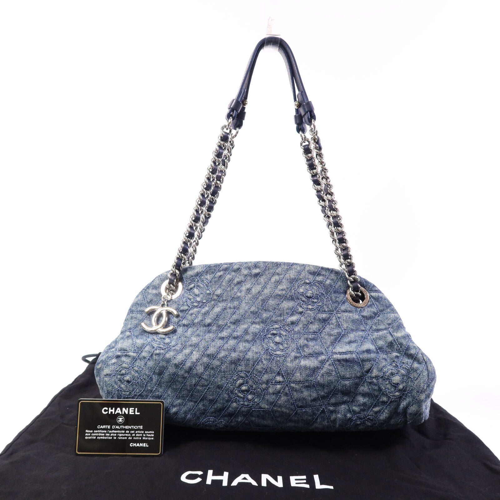 CHANEL 牛仔布Chain Shoulder Bag銀扣鏈帶肩背袋