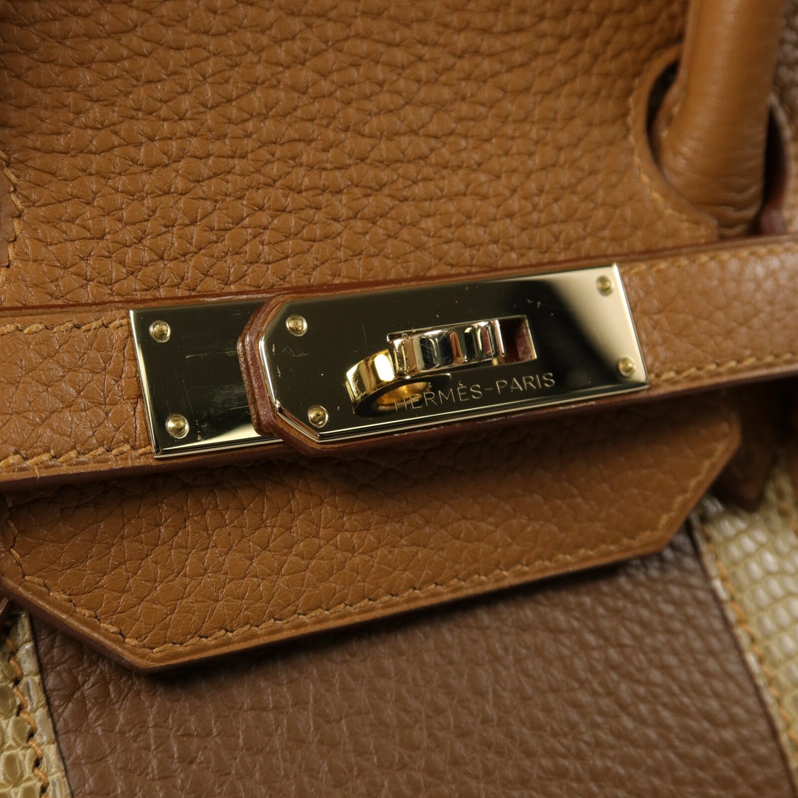 HERMES Clemence皮革/Lizard皮革Birkin 35手挽袋Gold/Marron