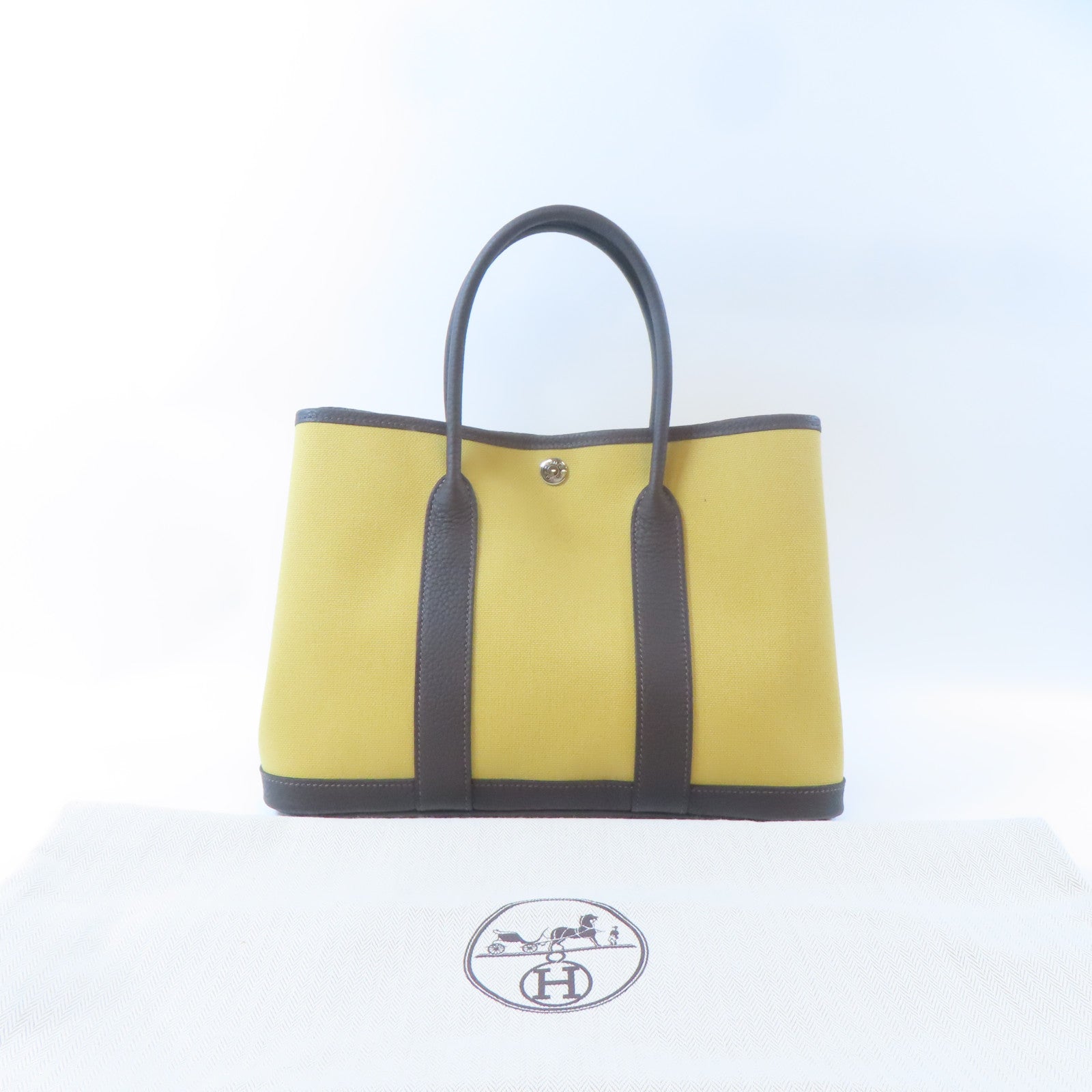 HERMES 【激減優惠】帆布Garden Party TPM銀扣手挽袋Ebene/咖啡色/Paille/黃色