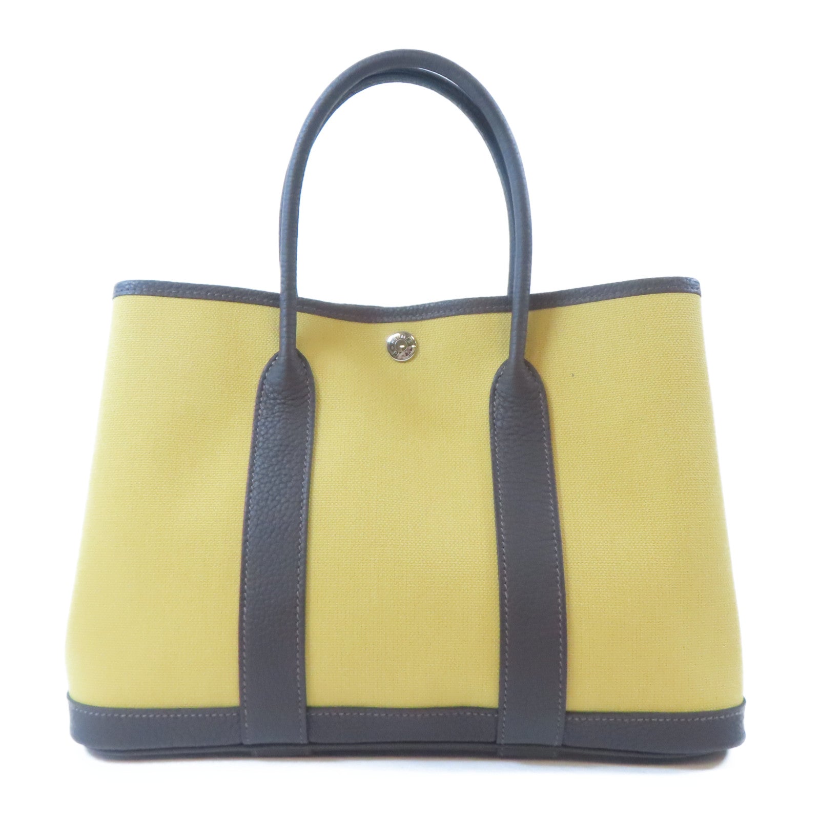 HERMES 【激減優惠】帆布Garden Party TPM銀扣手挽袋Ebene/咖啡色/Paille/黃色
