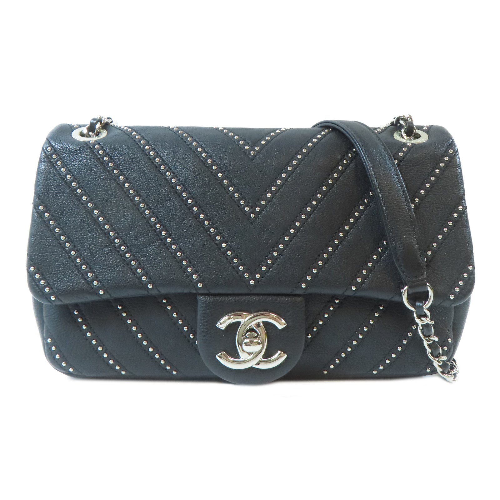 CHANEL 【激減優惠】斜紋牛皮皮革Chain Shoulder銀扣鏈帶肩背袋黑色