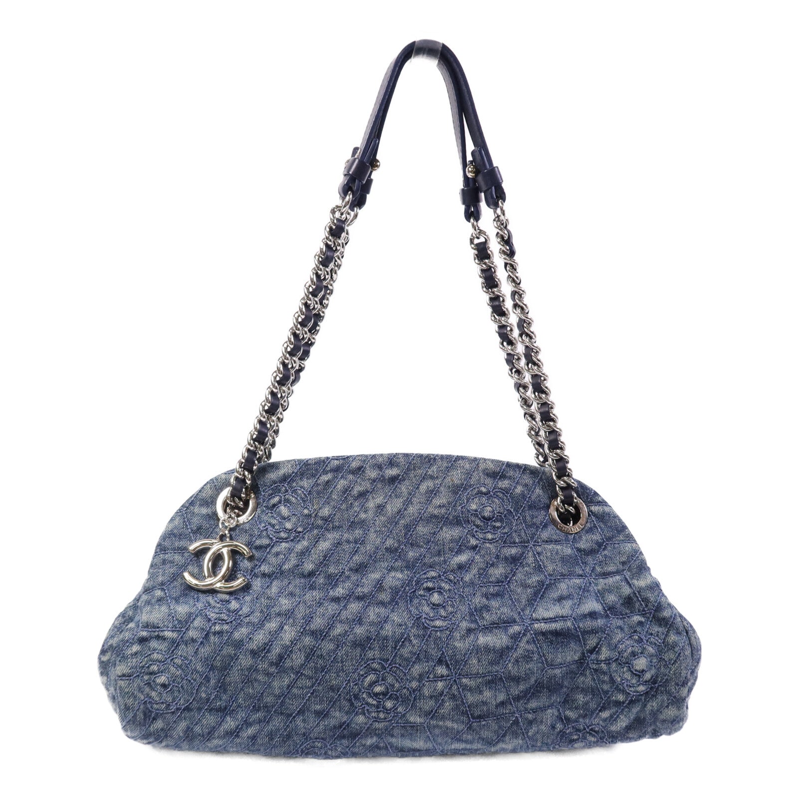 CHANEL 牛仔布Chain Shoulder Bag銀扣鏈帶肩背袋
