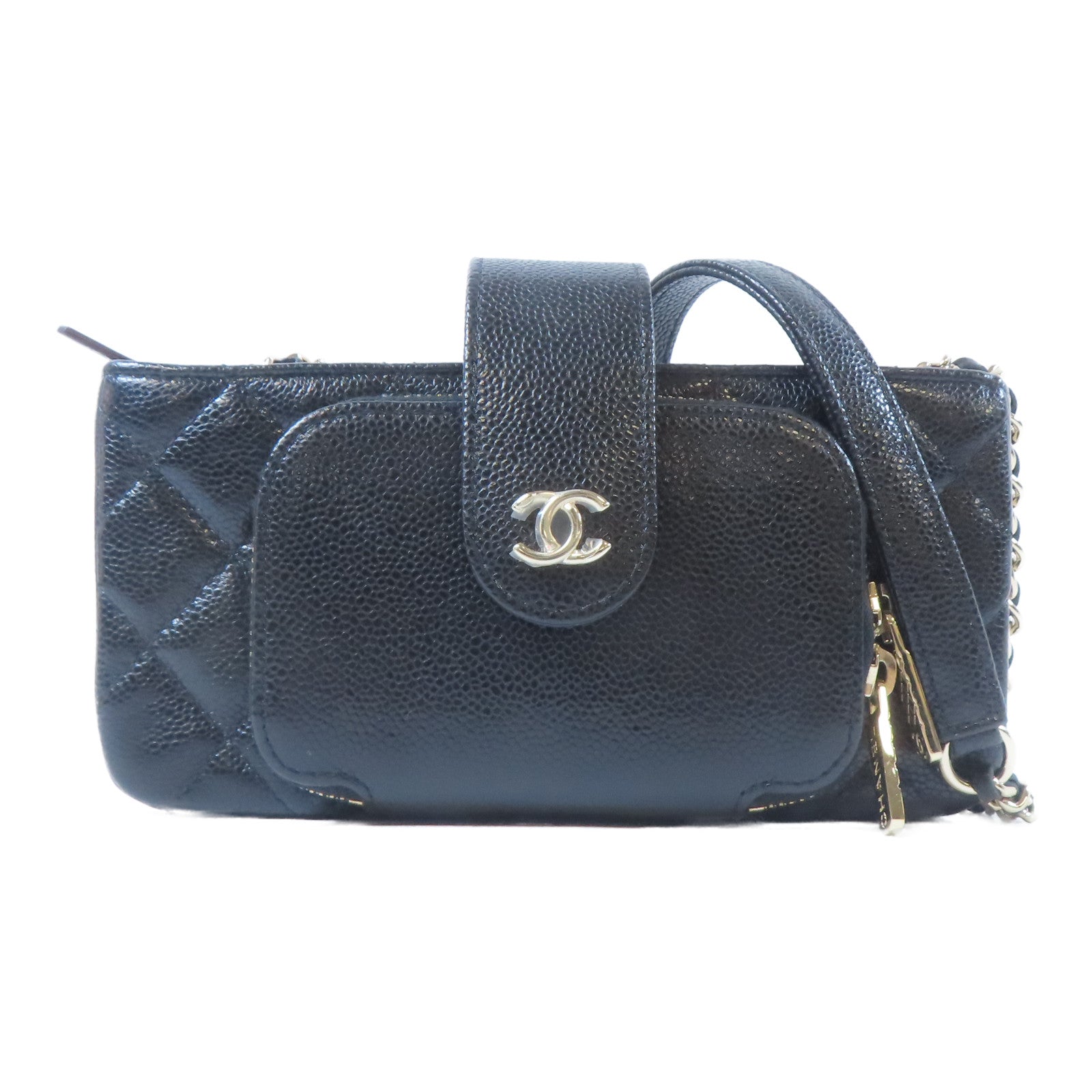 CHANEL 菱格Caviar皮革Wallet On Chain Bag金扣鏈帶肩背袋黑色