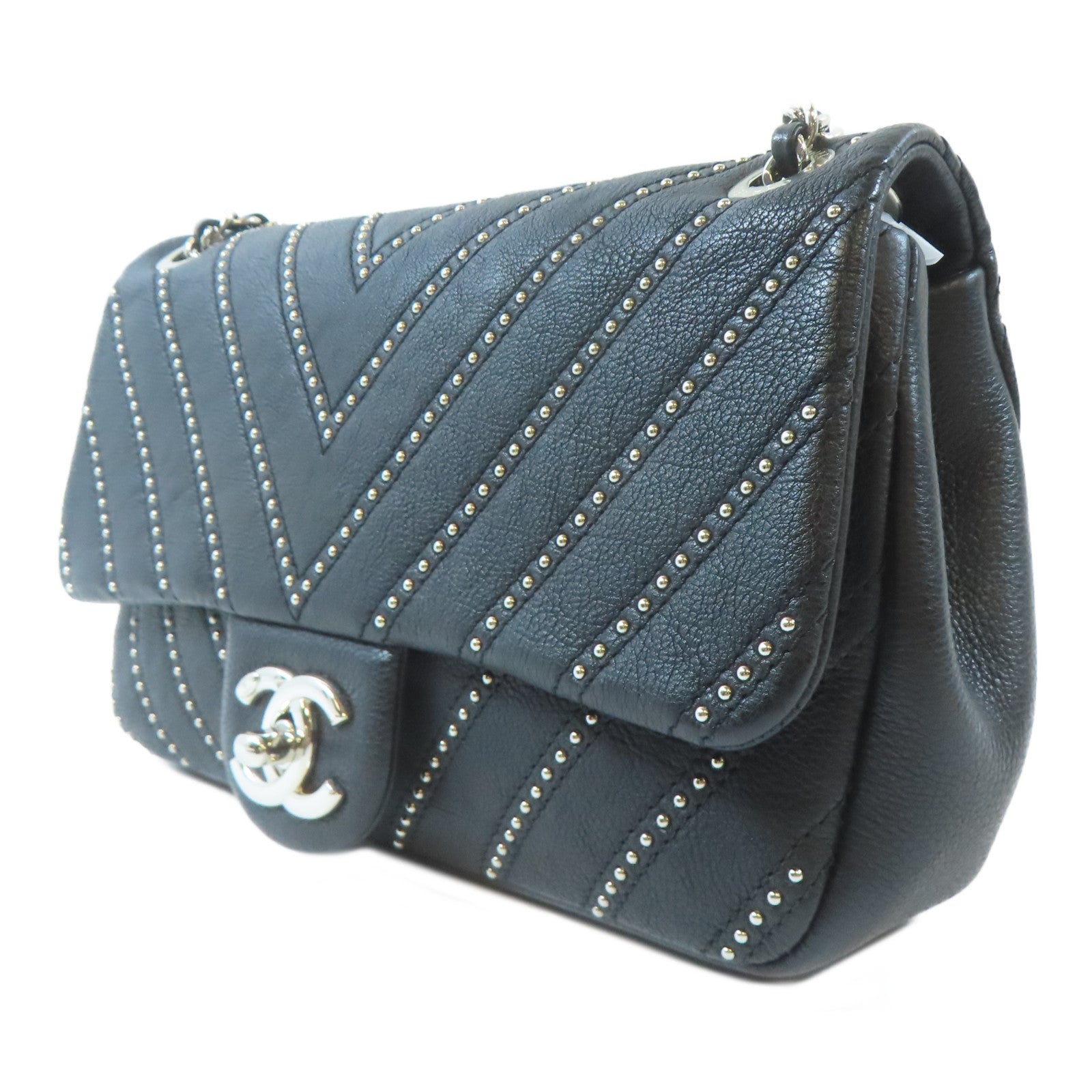 CHANEL 【激減優惠】斜紋牛皮皮革Chain Shoulder銀扣鏈帶肩背袋黑色