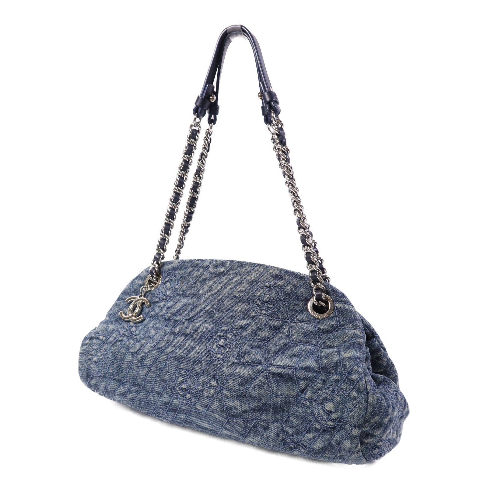 CHANEL 牛仔布Chain Shoulder Bag銀扣鏈帶肩背袋