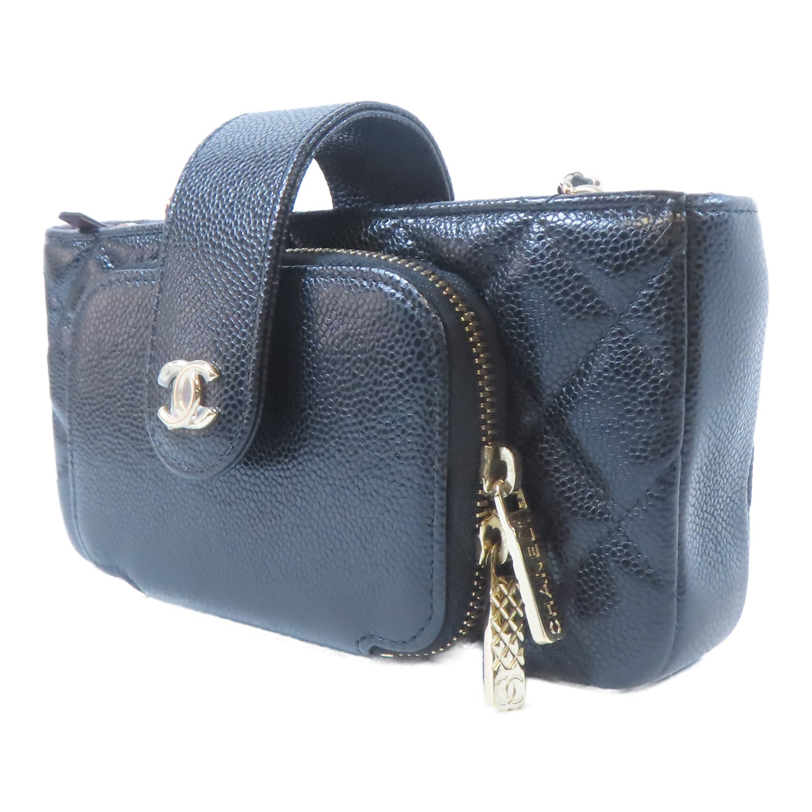 CHANEL 菱格Caviar皮革Wallet On Chain Bag金扣鏈帶肩背袋黑色
