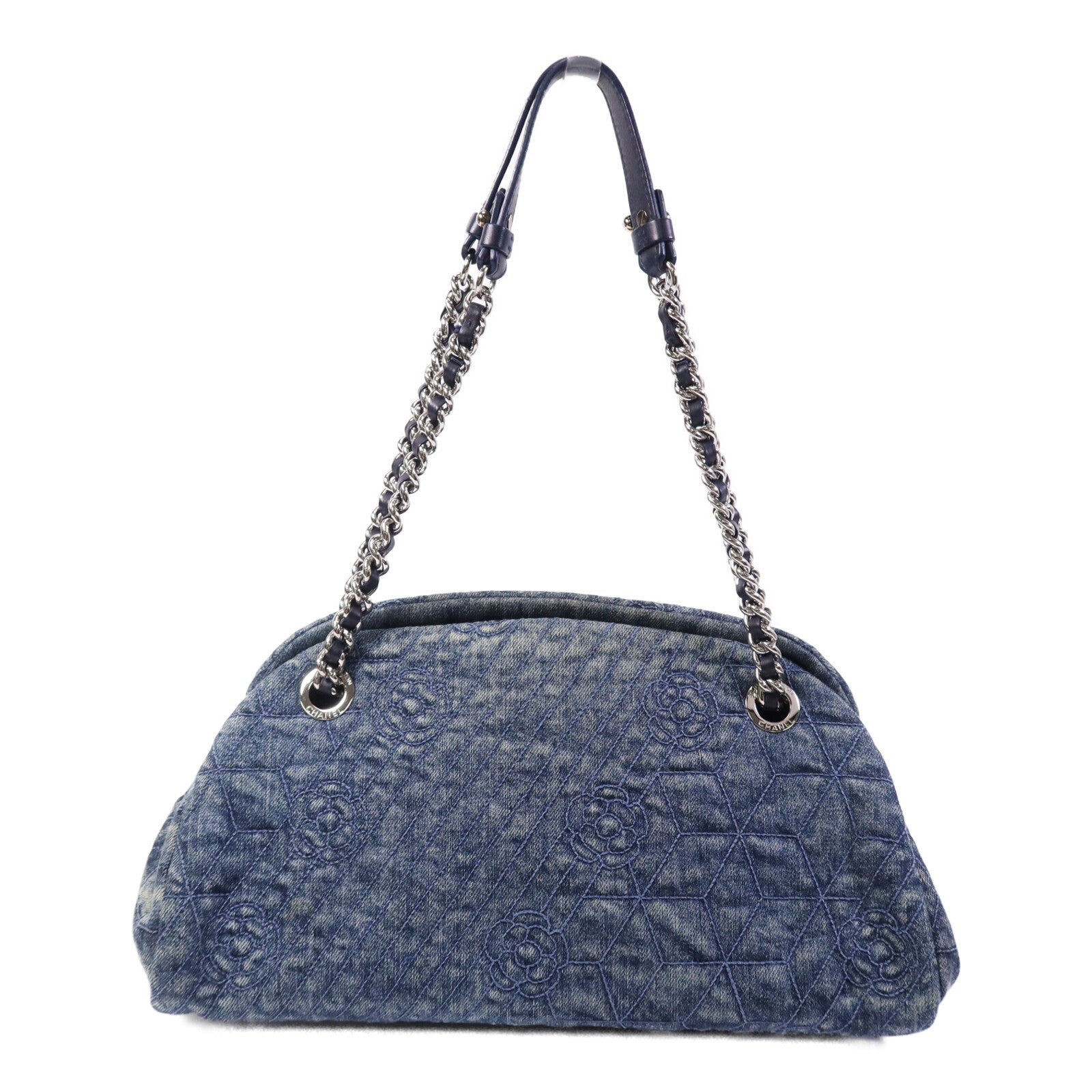 CHANEL 牛仔布Chain Shoulder Bag銀扣鏈帶肩背袋