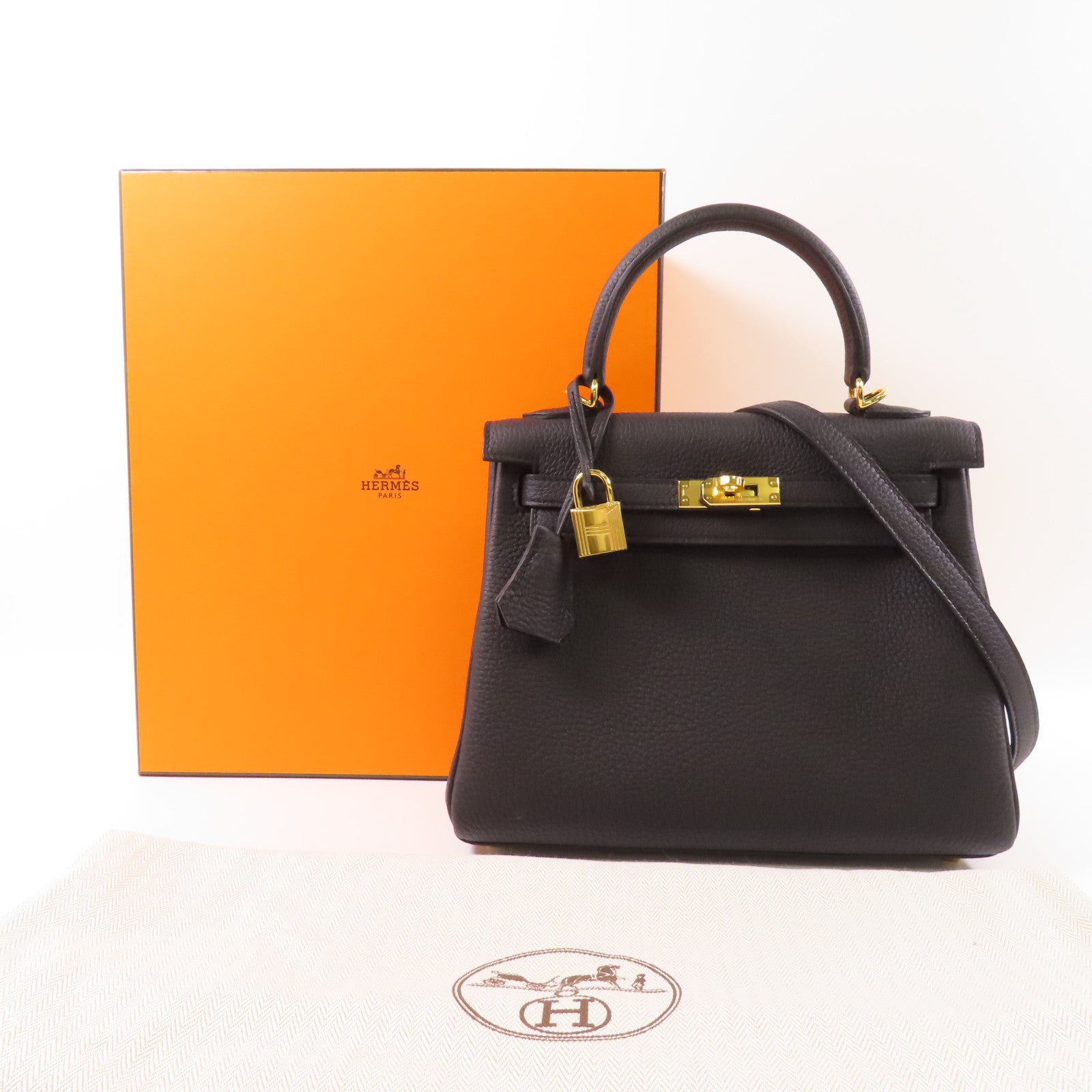 HERMES GHW Kelly 25 2 Way Bag Togo Leather 89 Noir