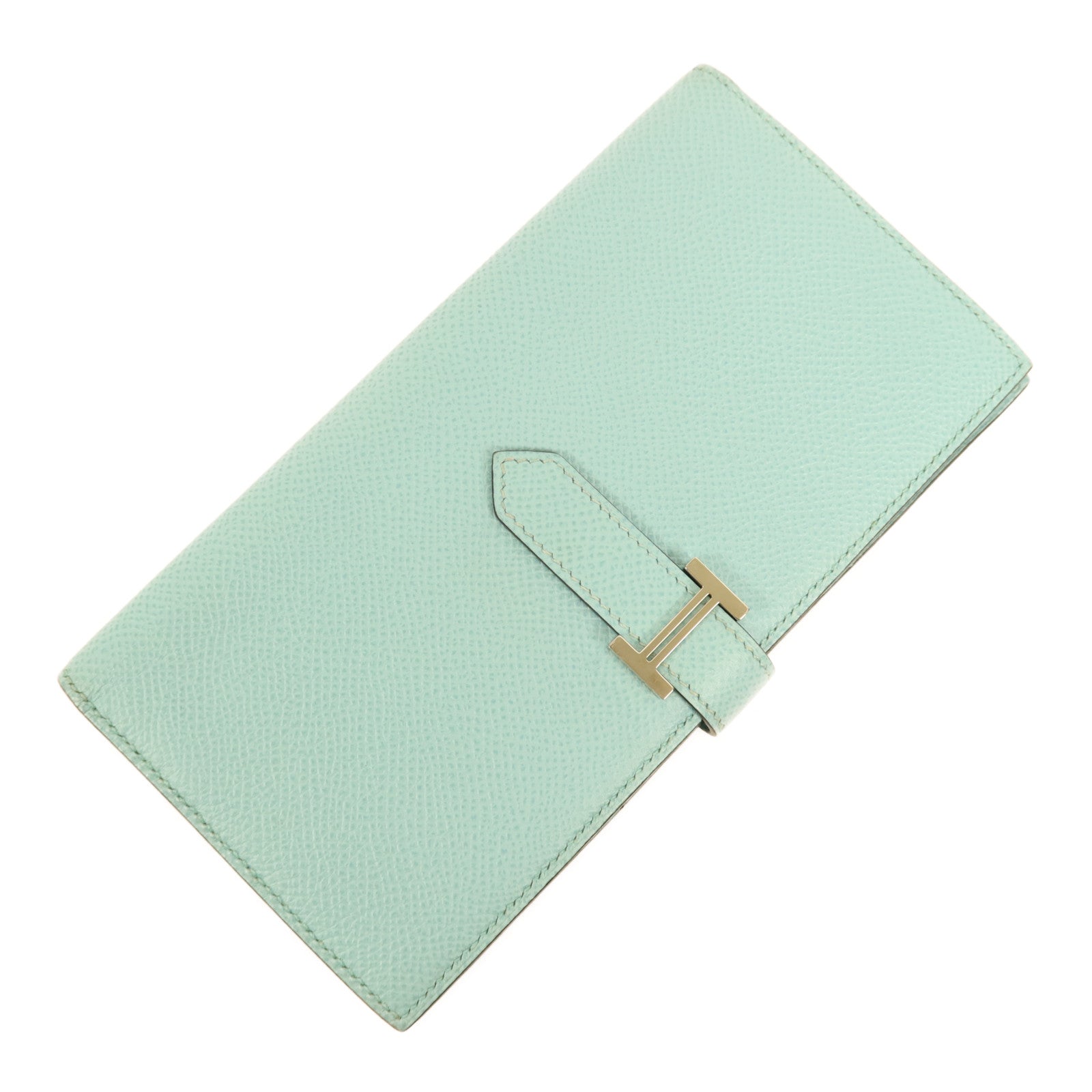 HERMES Epsom皮革Bearn W Snap銀扣長錢包Bleu Atoll