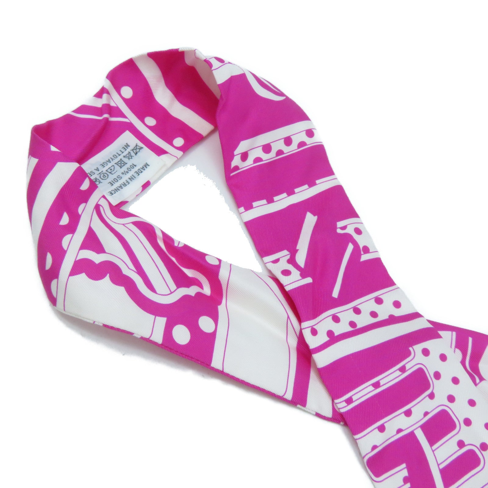 HERMES 【激減優惠】絲質Twilly Scarf絲巾桃紅色/白色