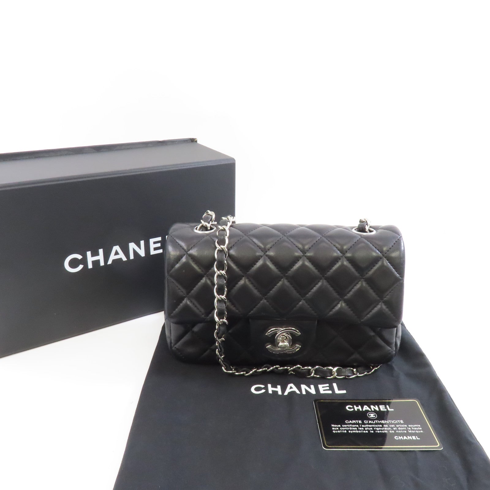 CHANEL 菱格羊皮皮革Mini Classic 20銀扣鏈帶肩背袋黑色