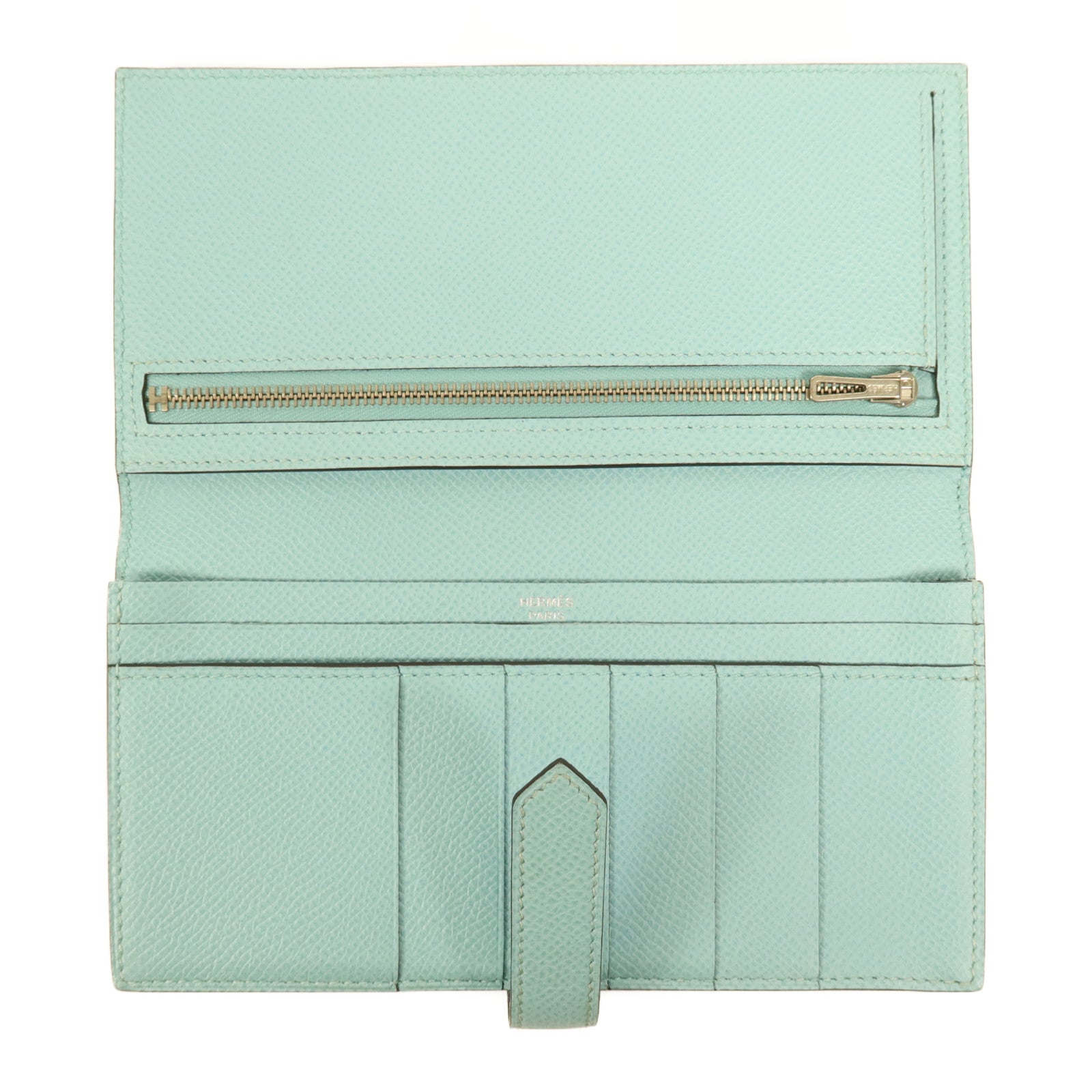 HERMES Epsom皮革Bearn W Snap銀扣長錢包Bleu Atoll