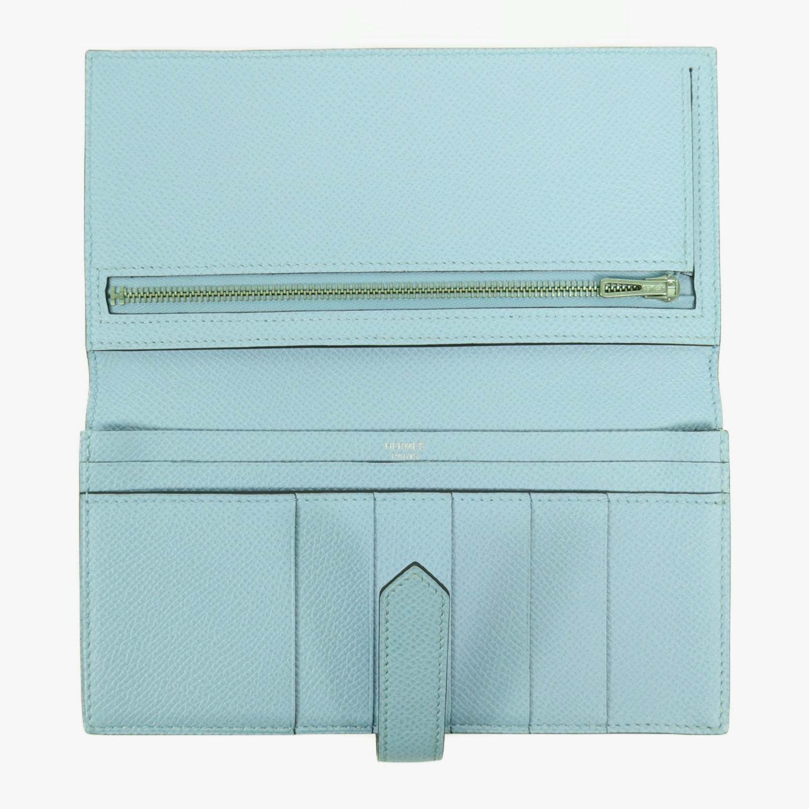 HERMES 【激減優惠】Epsom皮革Bearn W Snap銀扣長錢包Bleu Atoll