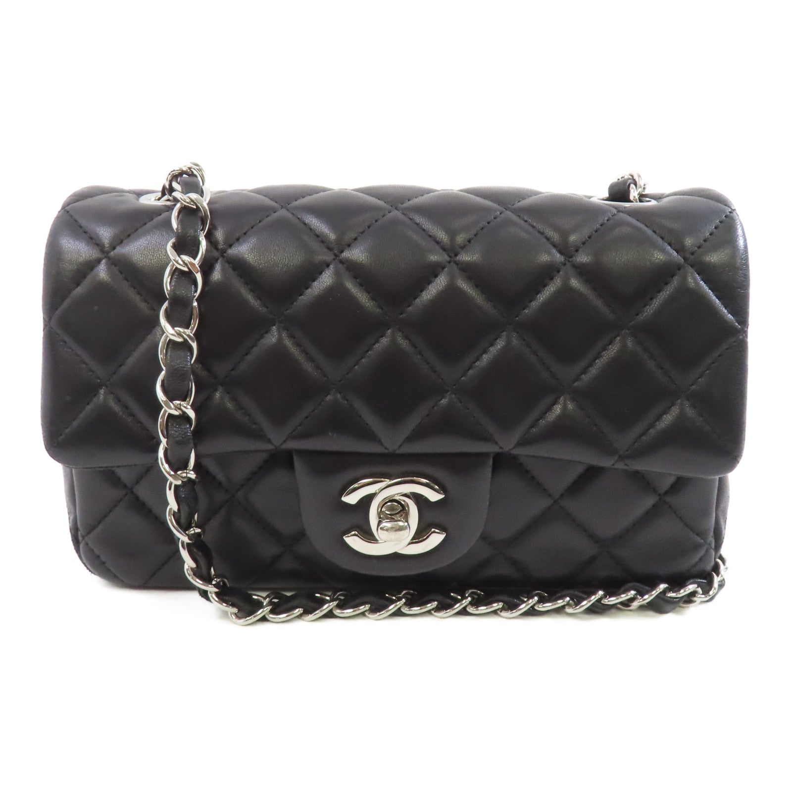 CHANEL 菱格羊皮皮革Mini Classic 20銀扣鏈帶肩背袋黑色