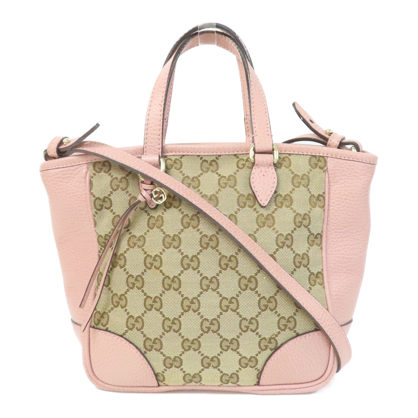 GUCCI 帆布/皮革Monogram Bree Tote金扣手挽肩背兩用袋米色/粉紅色