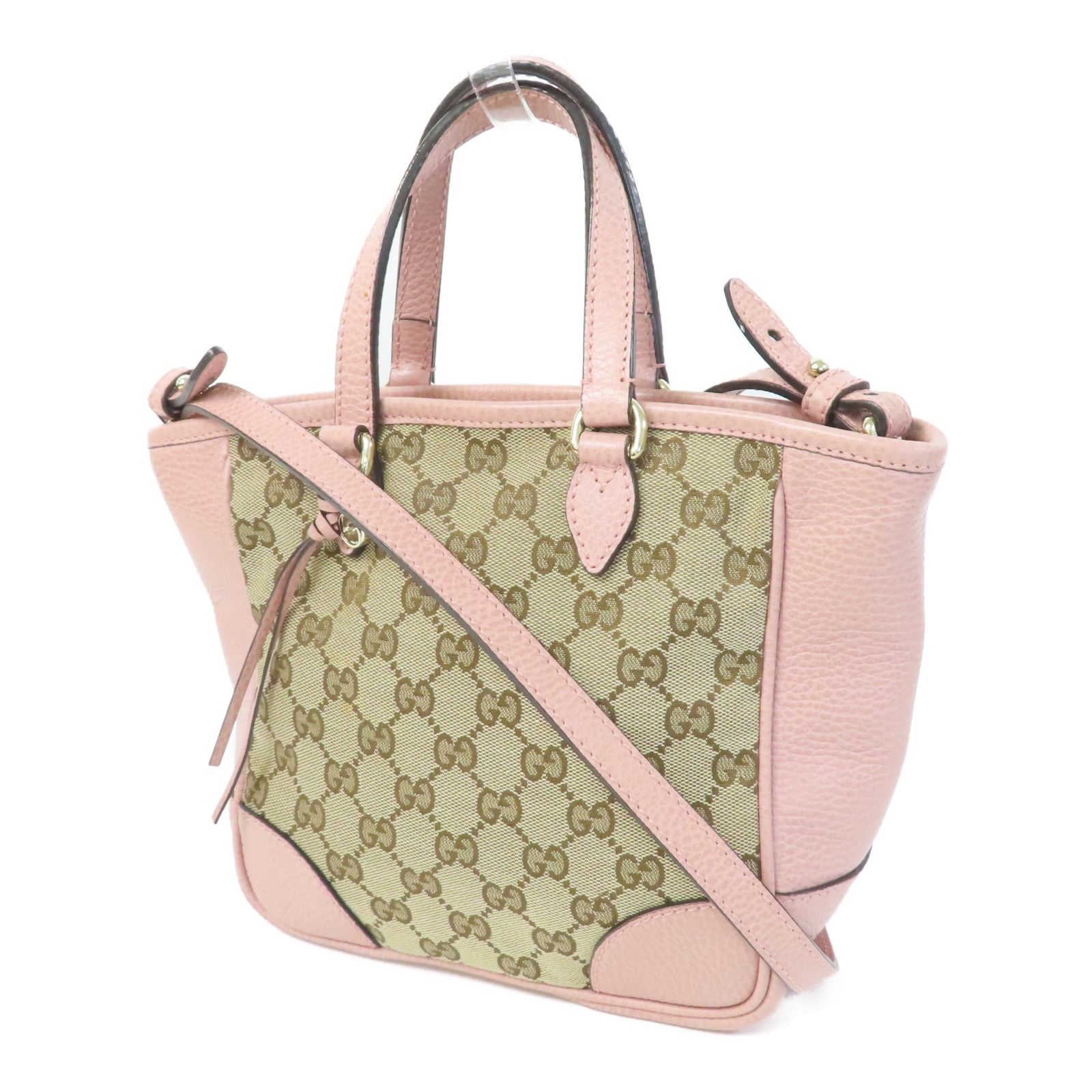 GUCCI 帆布/皮革Monogram Bree Tote金扣手挽肩背兩用袋米色/粉紅色