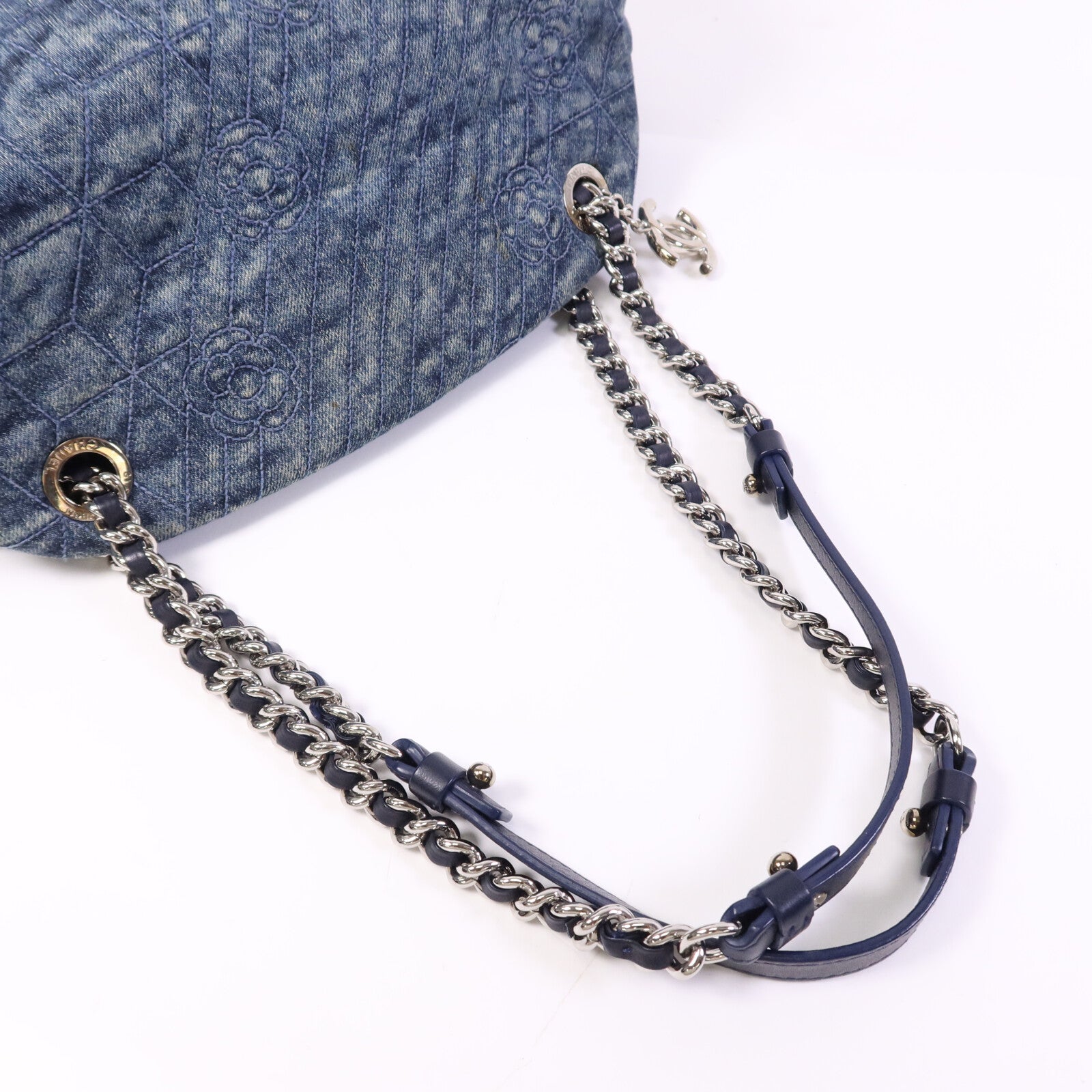 CHANEL 牛仔布Chain Shoulder Bag銀扣鏈帶肩背袋