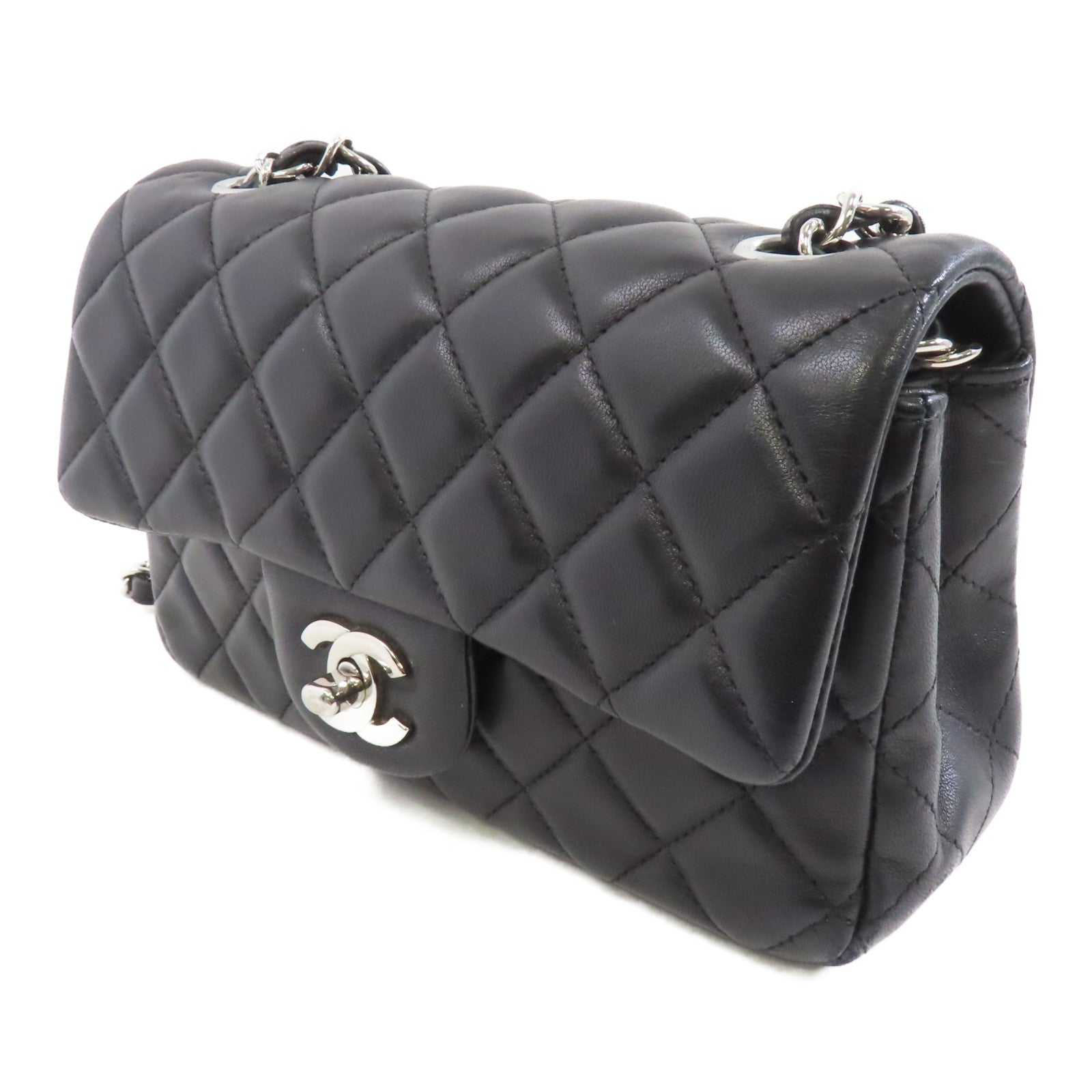 CHANEL 菱格羊皮皮革Mini Classic 20銀扣鏈帶肩背袋黑色