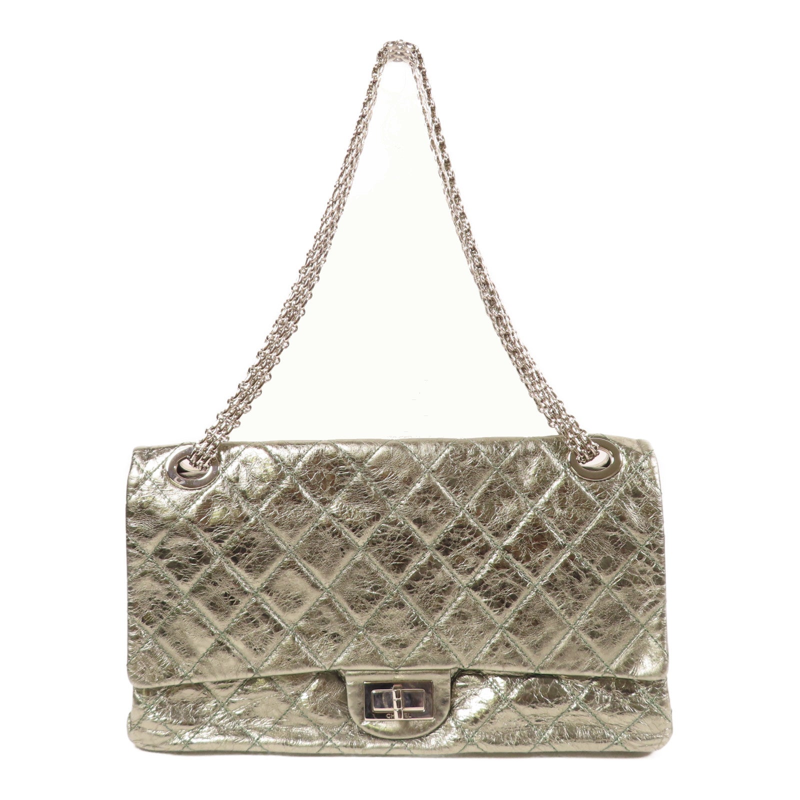 CHANEL 菱格皮革2.55 Chain Shoulder銀扣肩背袋綠色