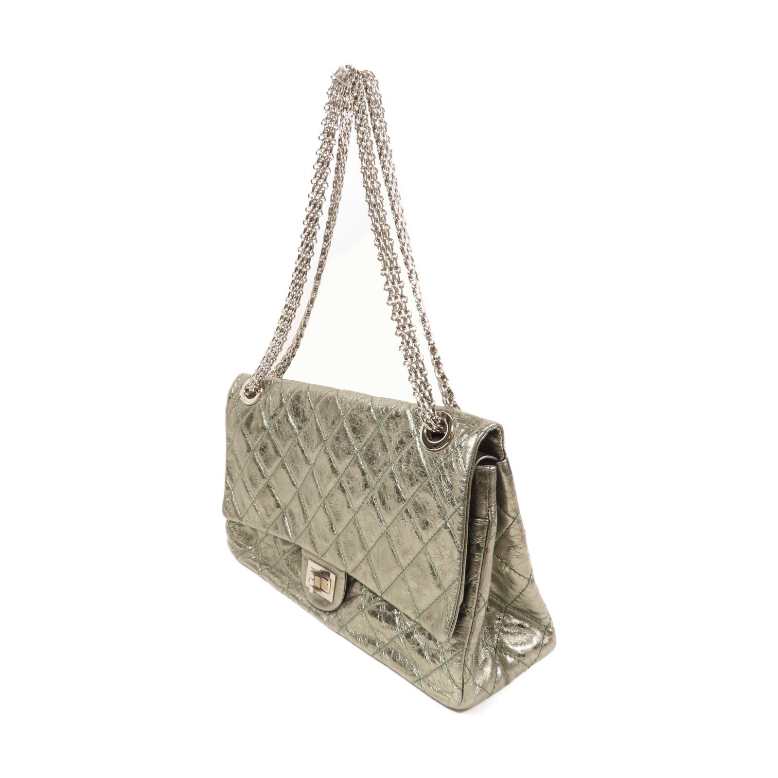 CHANEL 菱格皮革2.55 Chain Shoulder銀扣肩背袋綠色