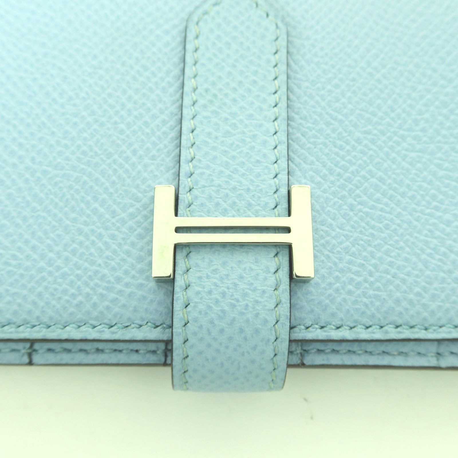 HERMES 【激減優惠】Epsom皮革Bearn W Snap銀扣長錢包Bleu Atoll