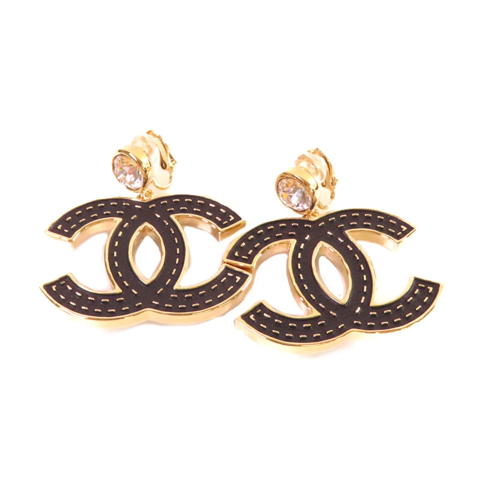 CHANEL 金屬/水鑽CC  Earrings金扣耳環金色/黑色