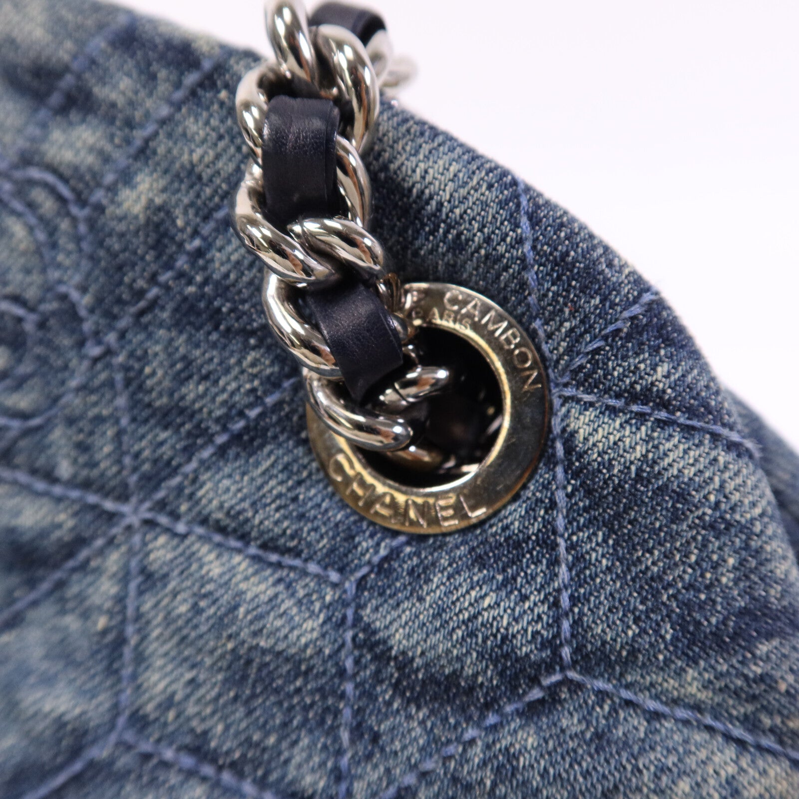 CHANEL 牛仔布Chain Shoulder Bag銀扣鏈帶肩背袋