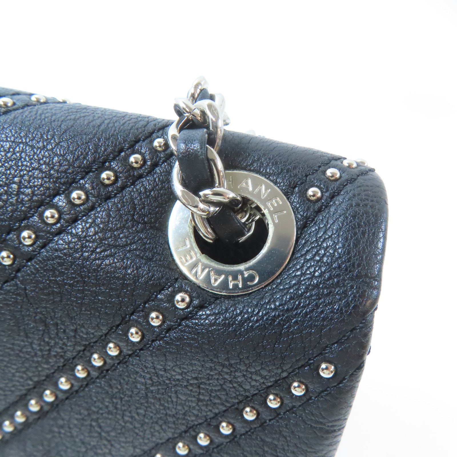 CHANEL 【激減優惠】斜紋牛皮皮革Chain Shoulder銀扣鏈帶肩背袋黑色