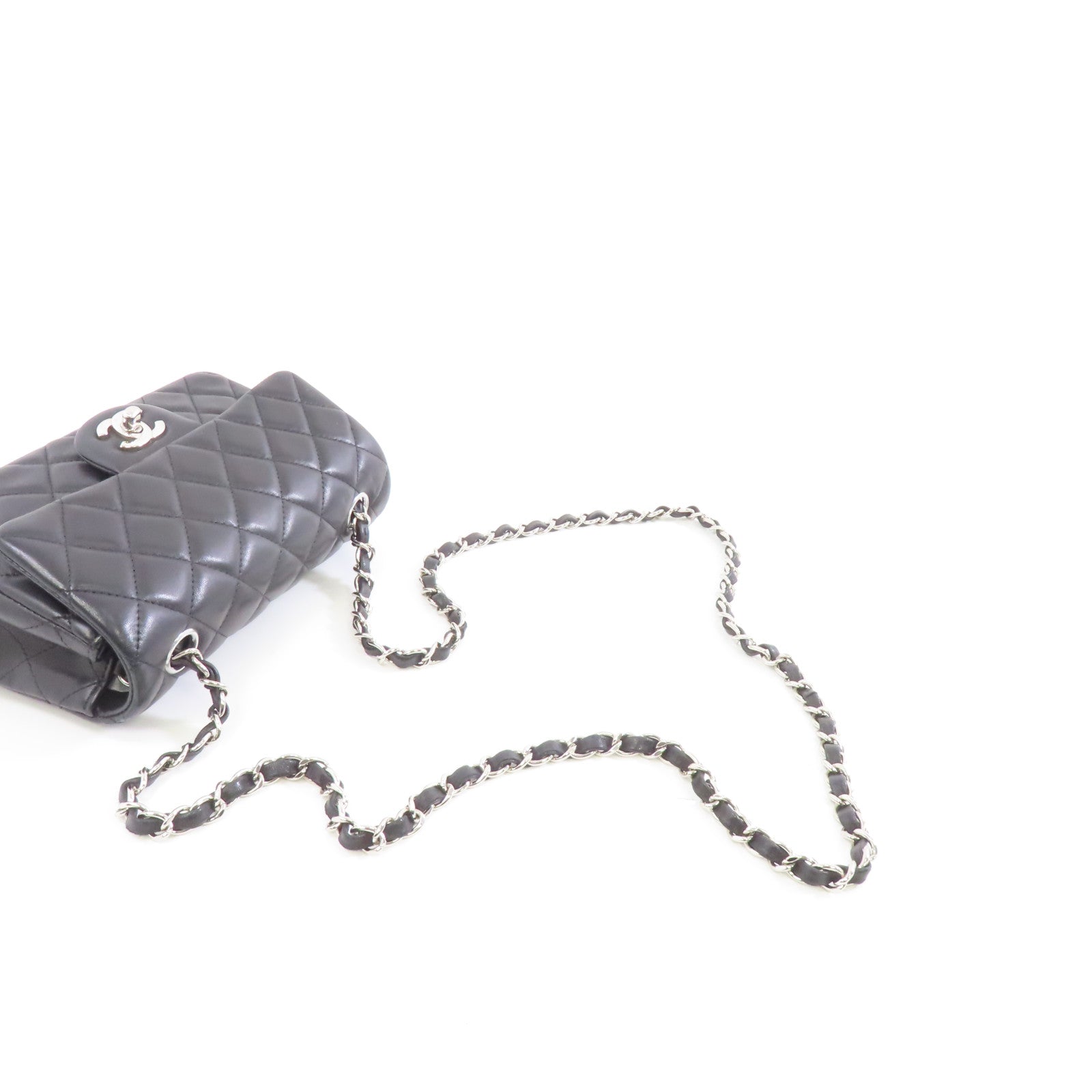 CHANEL 菱格羊皮皮革Mini Classic 20銀扣鏈帶肩背袋黑色