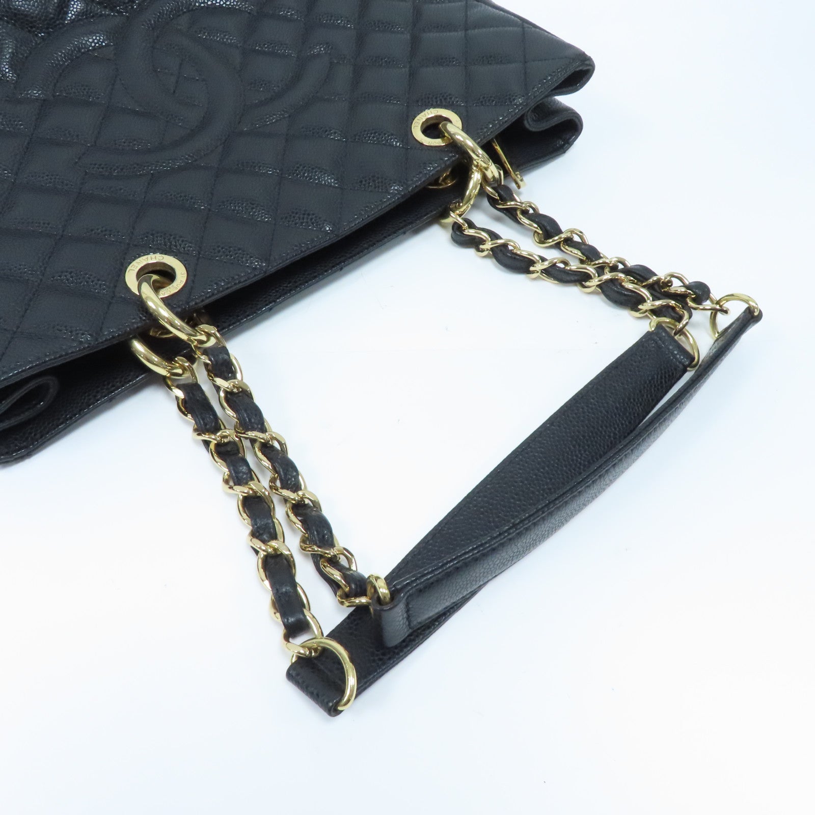 CHANEL 菱格Caviar皮革Grand Shopping Tote Bag金扣肩背袋黑色