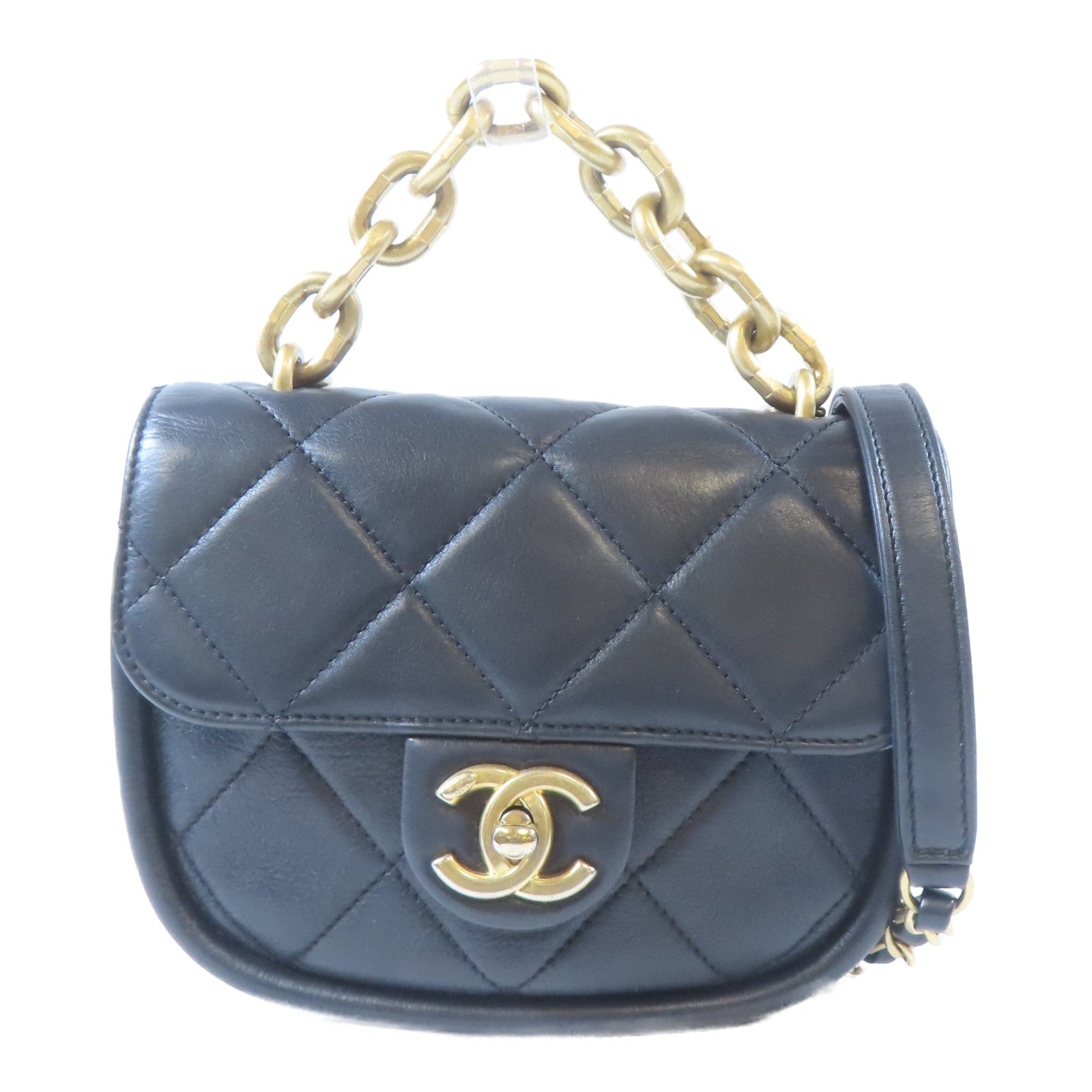 CHANEL 【激減優惠】菱格羊皮皮革Saddle Bag金扣鏈帶手挽肩背兩用袋黑色