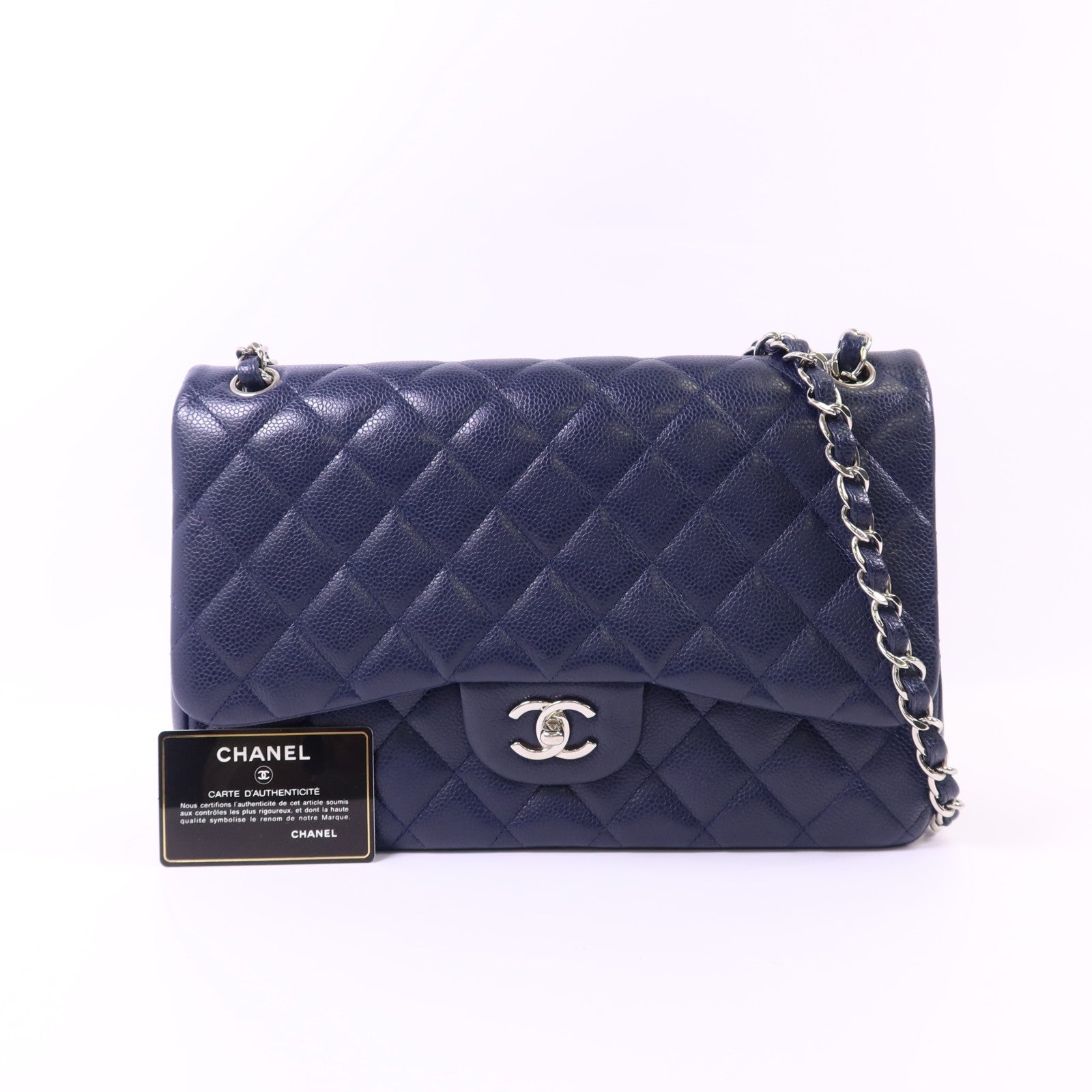 CHANEL 牛皮皮革Large Classic銀扣鏈帶肩背袋