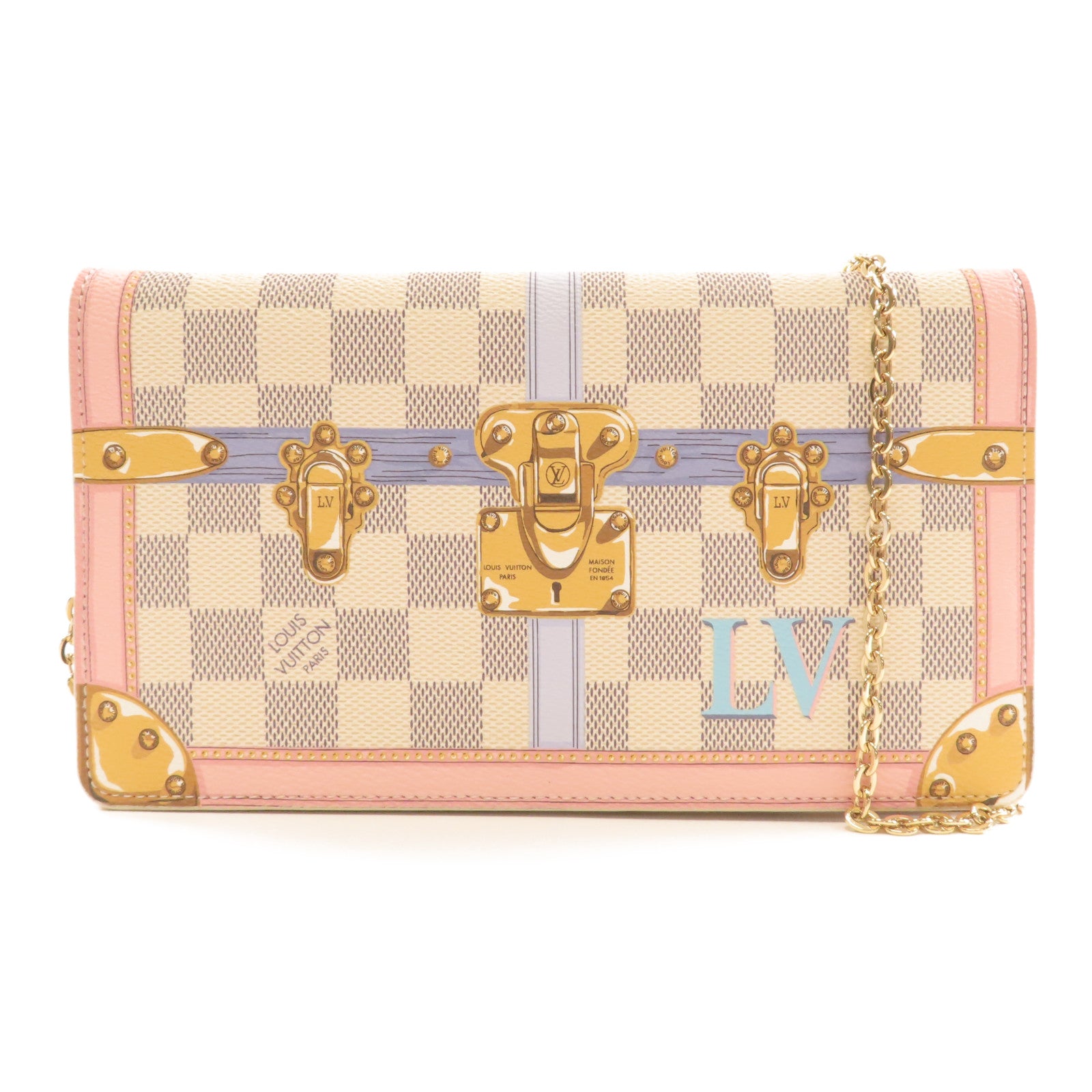 LOUIS VUITTON Damier Azur Pochette Weekend金扣鏈帶肩背袋粉紅色