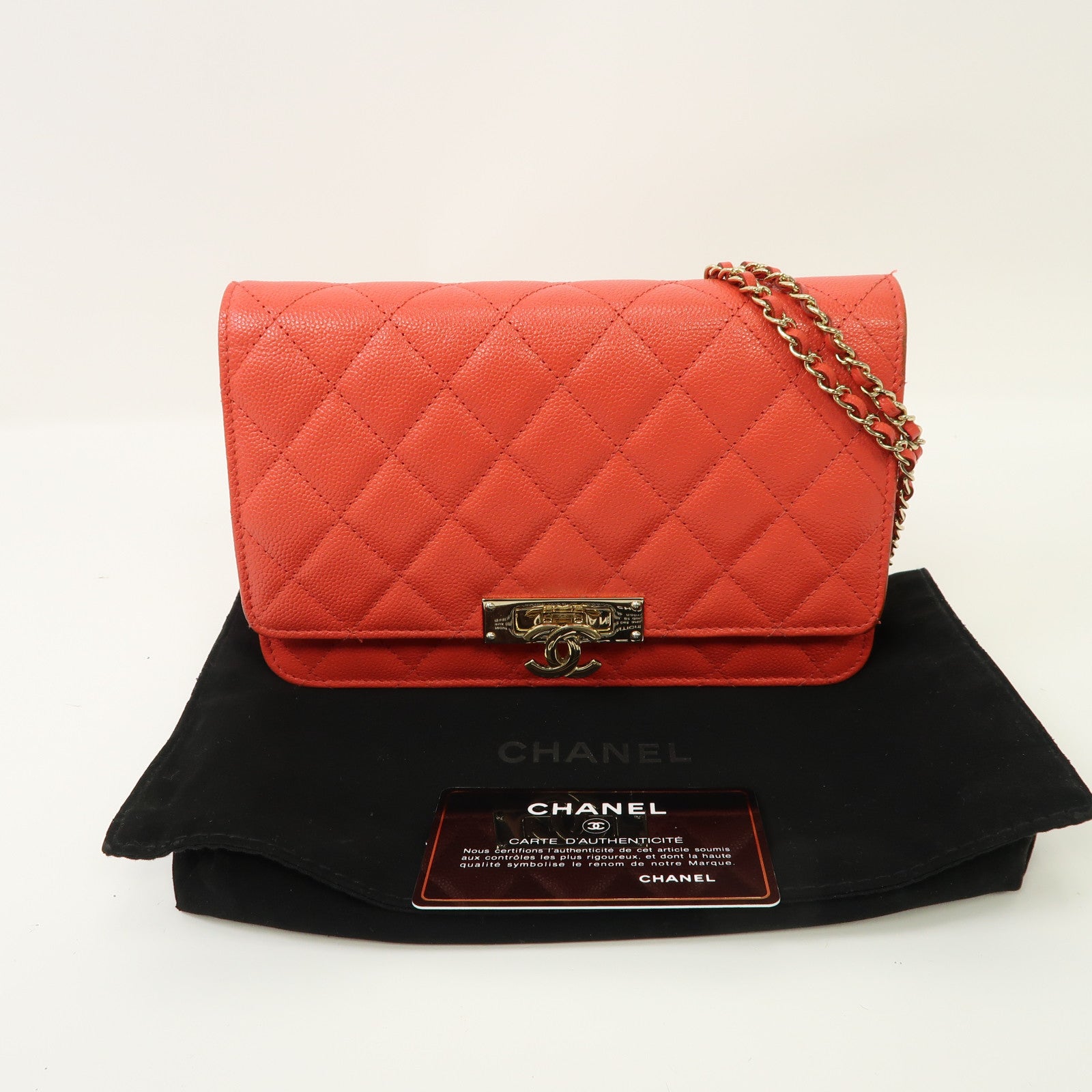 CHANEL 【激減優惠】菱格Caviar皮革Wallet On Chain金扣鏈帶肩背袋紅色