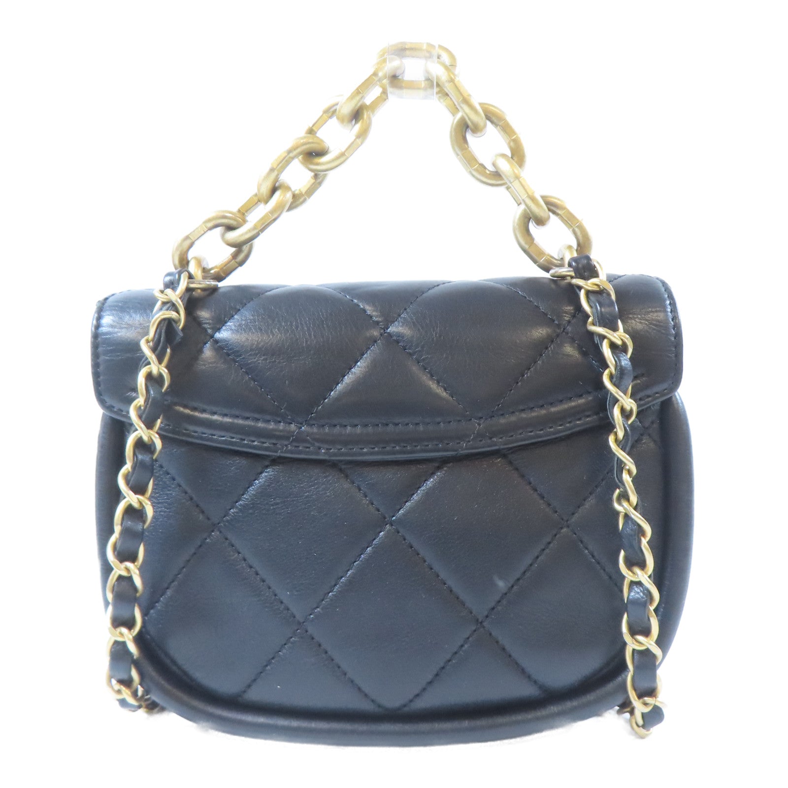 CHANEL 【激減優惠】菱格羊皮皮革Saddle Bag金扣鏈帶手挽肩背兩用袋黑色