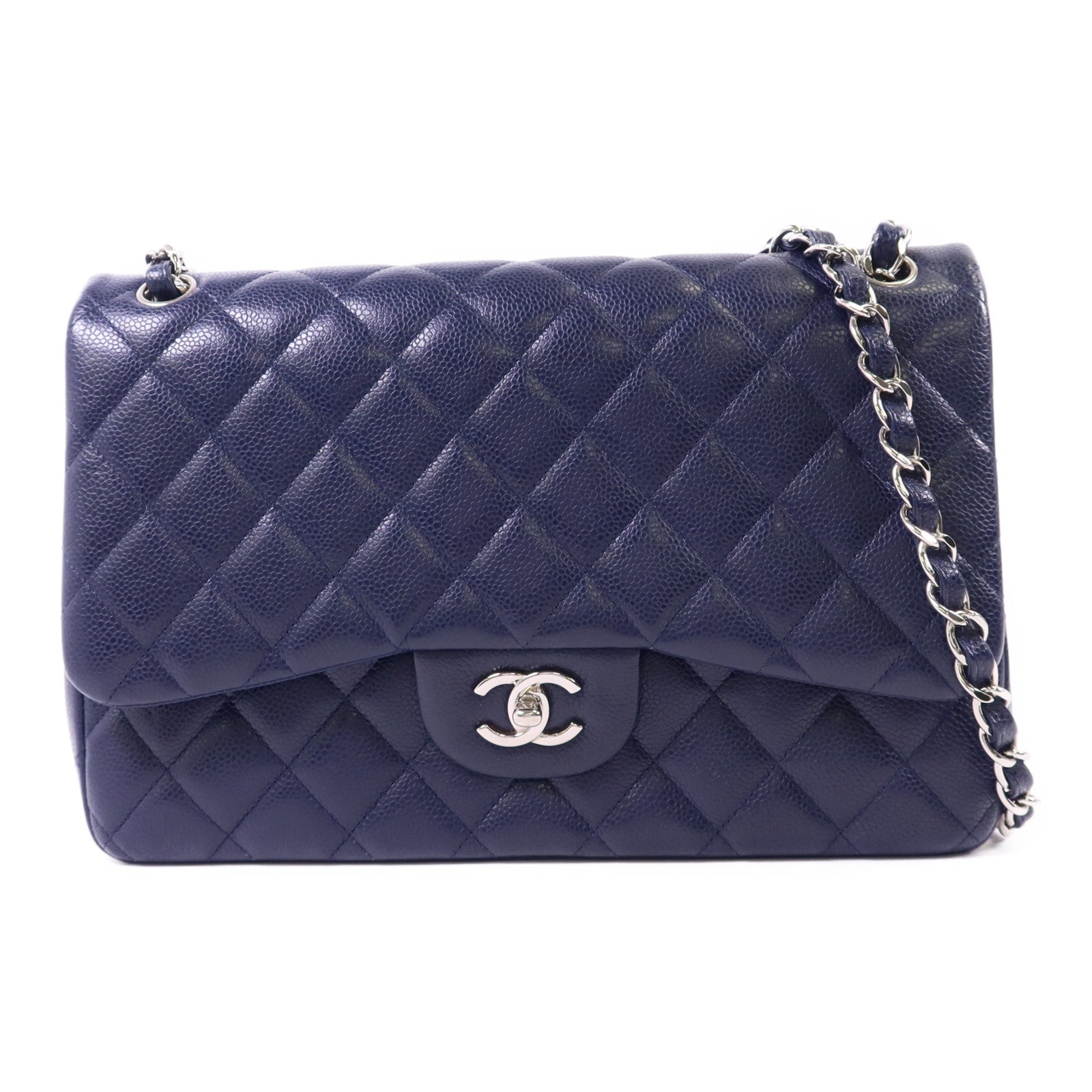 CHANEL 牛皮皮革Large Classic銀扣鏈帶肩背袋