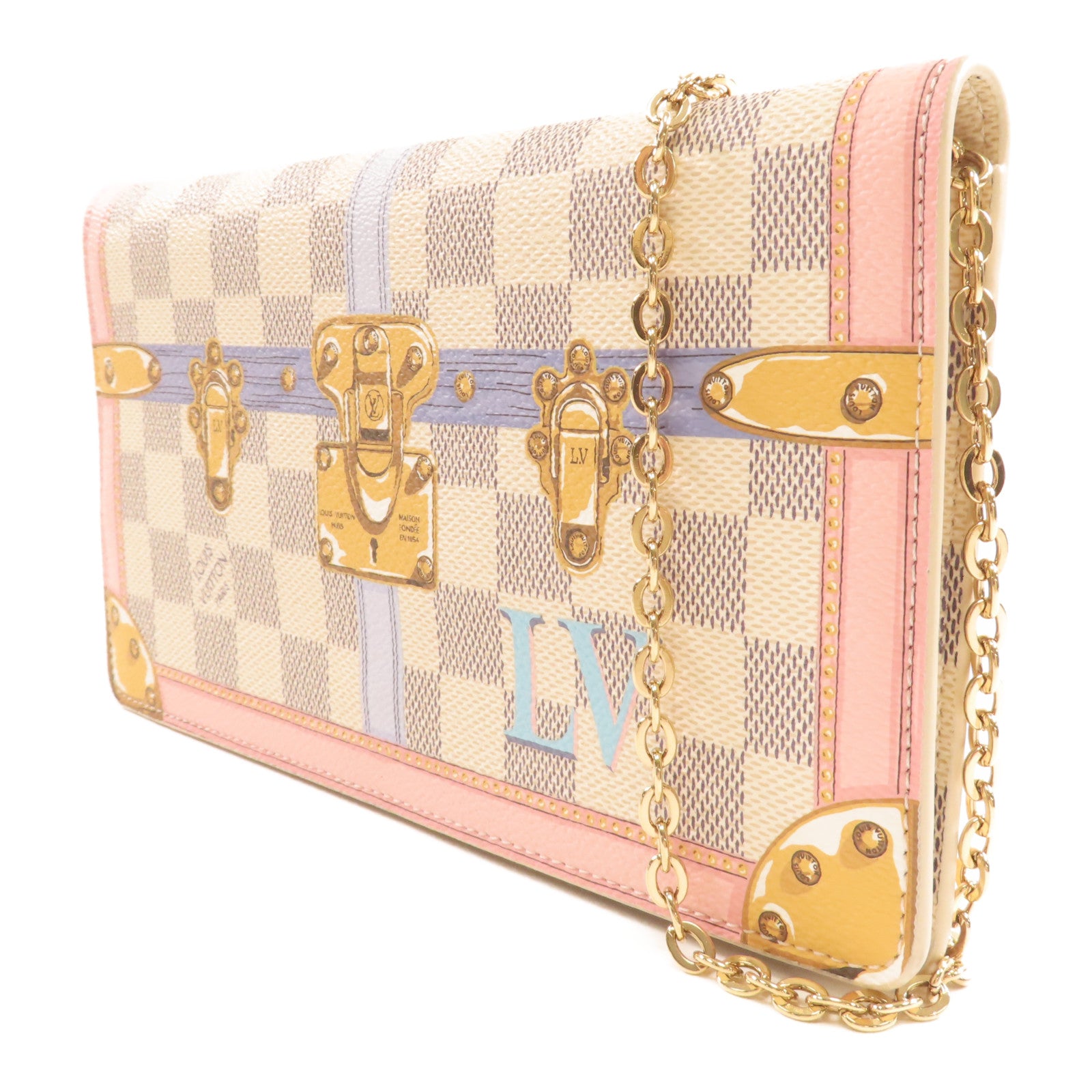 LOUIS VUITTON Damier Azur Pochette Weekend金扣鏈帶肩背袋粉紅色