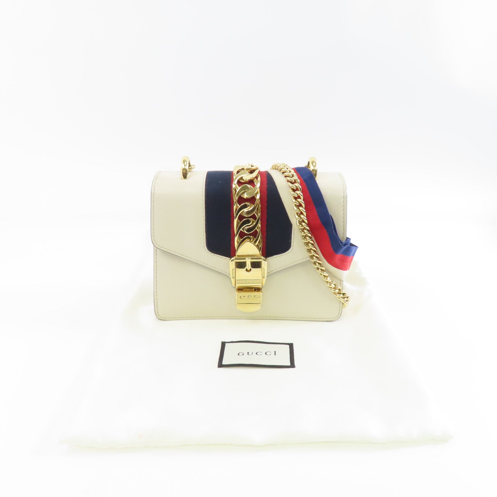 GUCCI 牛皮皮革Sylvie Mini Chain Bag金扣鏈帶肩背袋白色