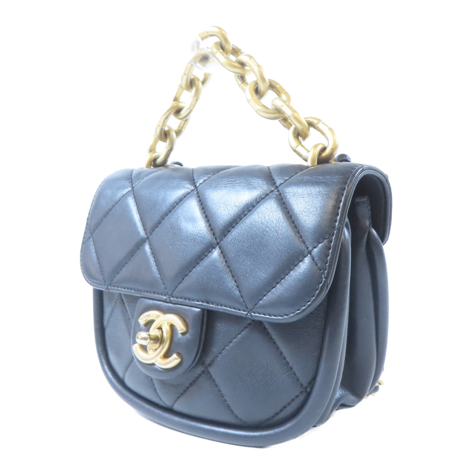 CHANEL 【激減優惠】菱格羊皮皮革Saddle Bag金扣鏈帶手挽肩背兩用袋黑色
