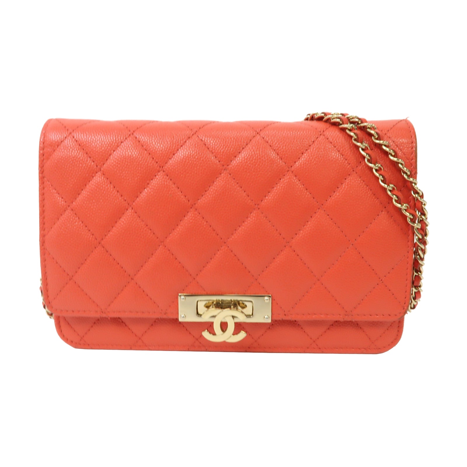 CHANEL 【激減優惠】菱格Caviar皮革Wallet On Chain金扣鏈帶肩背袋紅色