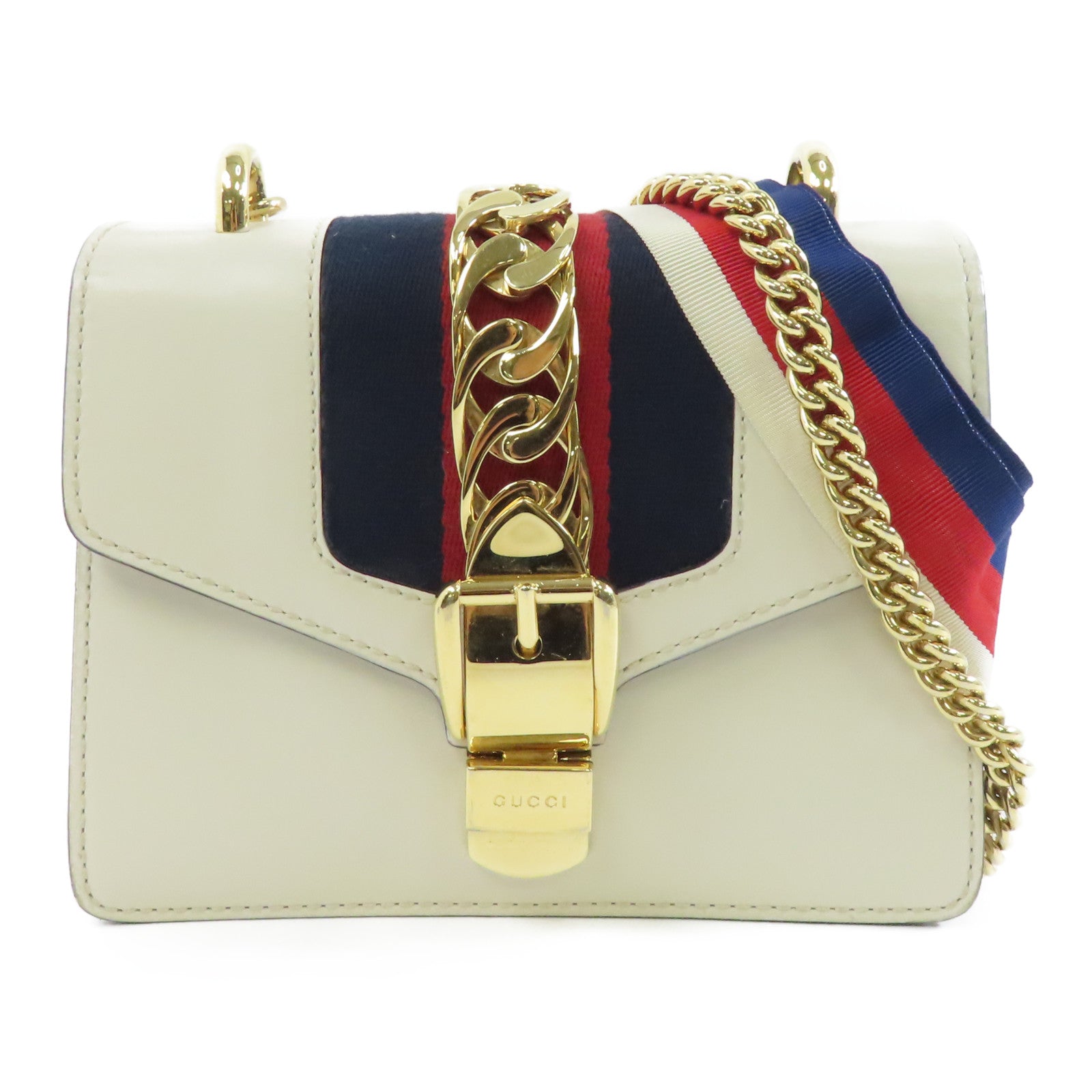 GUCCI 牛皮皮革Sylvie Mini Chain Bag金扣鏈帶肩背袋白色