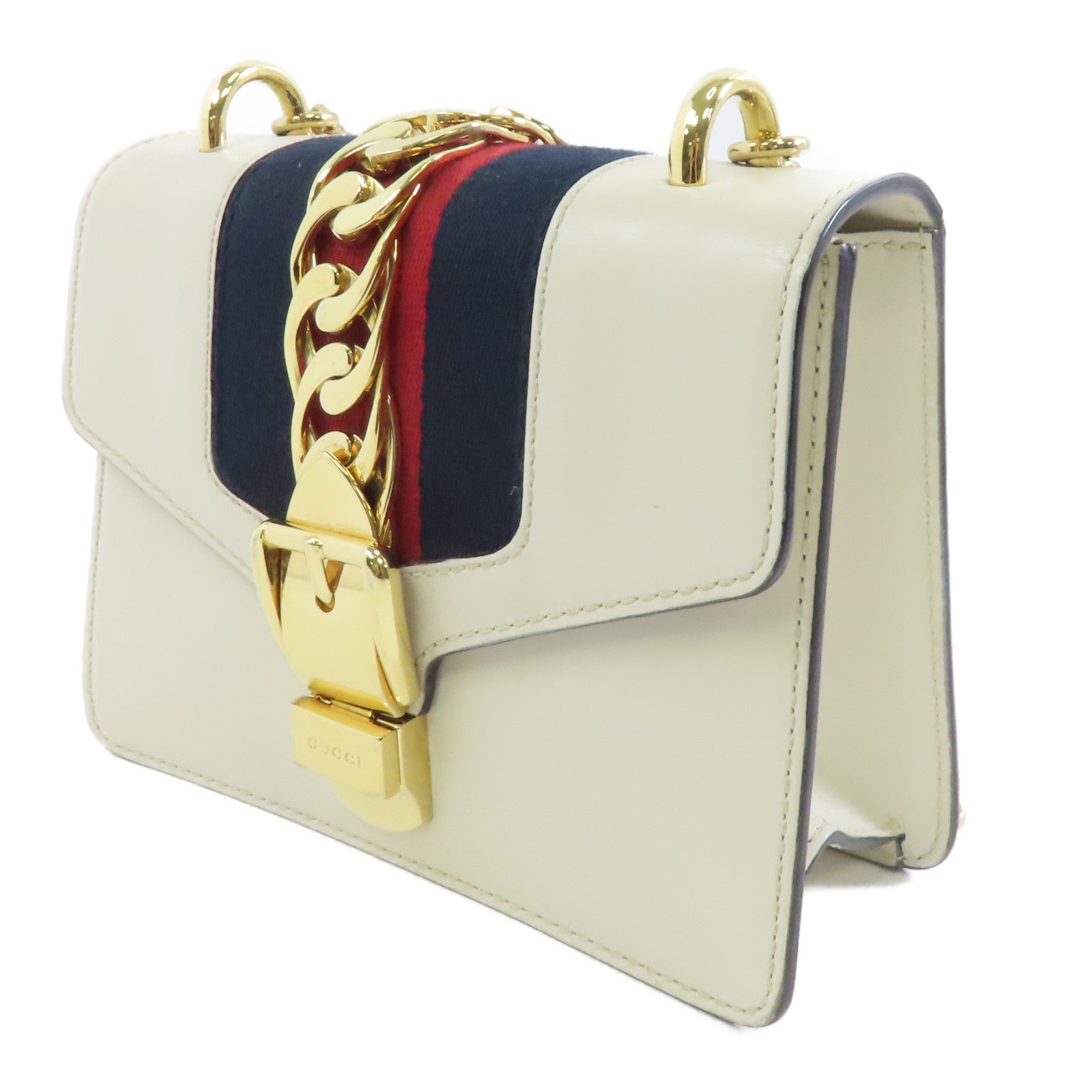 GUCCI 牛皮皮革Sylvie Mini Chain Bag金扣鏈帶肩背袋白色