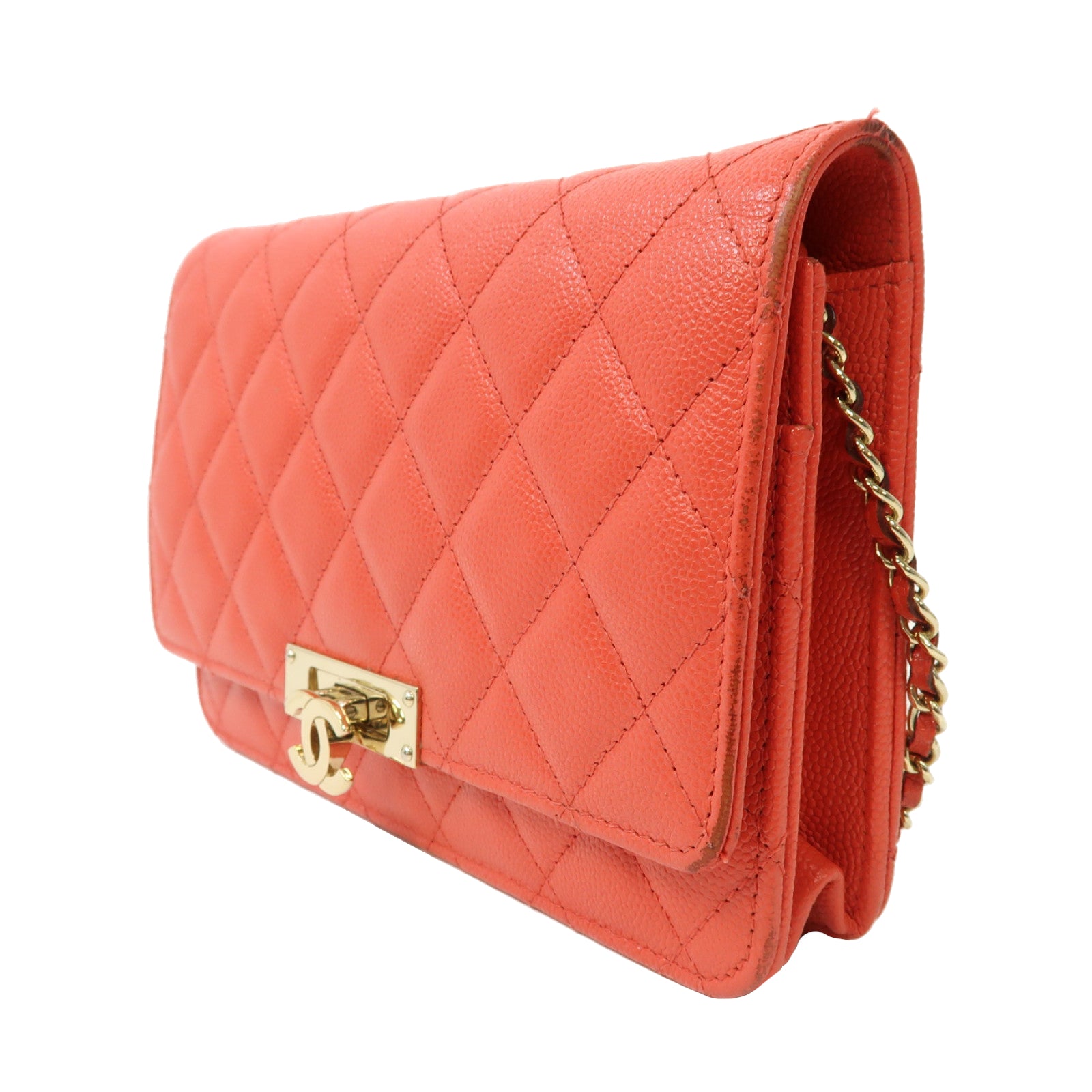 CHANEL 【激減優惠】菱格Caviar皮革Wallet On Chain金扣鏈帶肩背袋紅色
